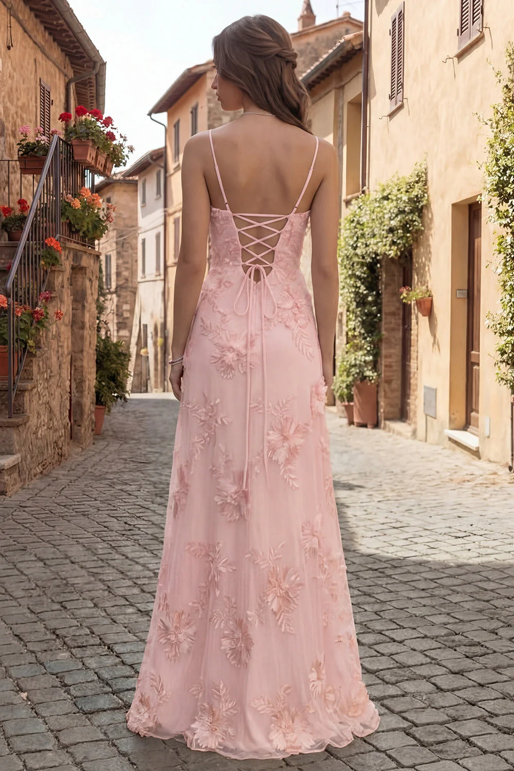 Yellow A-Line Spaghetti Straps Lace Up Back Long Prom Dress with Embroidery - Image 6