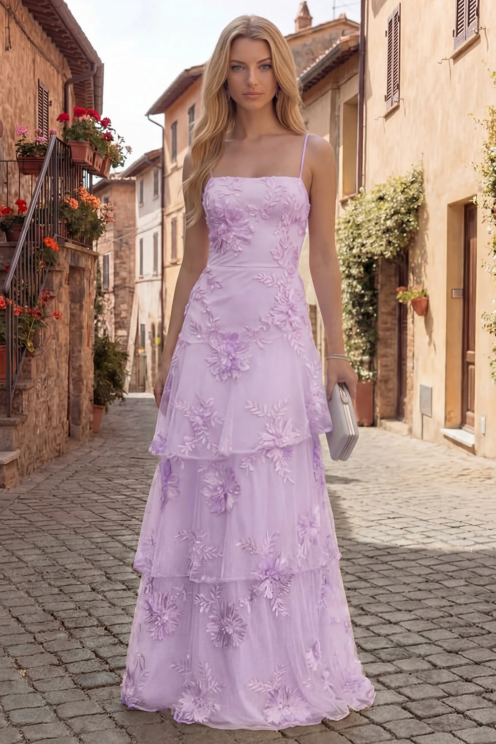Yellow A-Line Spaghetti Straps Tiered Long Prom Dress with Embroidery - Image 10