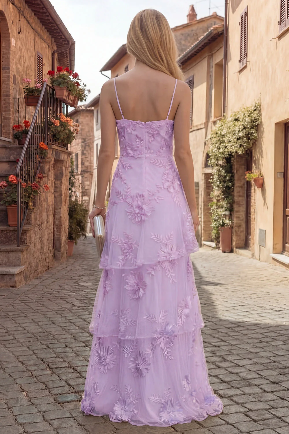 Yellow A-Line Spaghetti Straps Tiered Long Prom Dress with Embroidery - Image 11