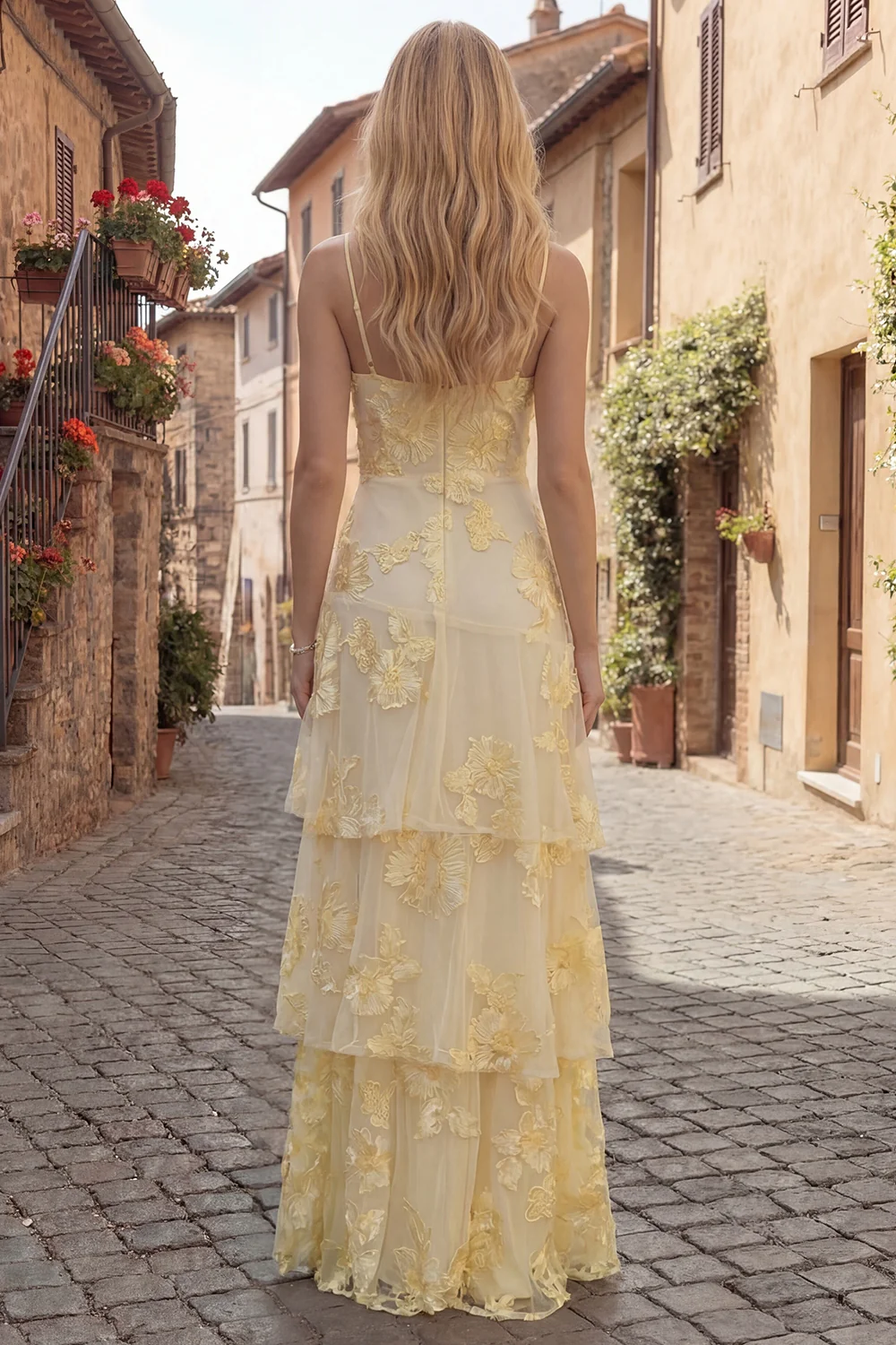 Yellow A-Line Spaghetti Straps Tiered Long Prom Dress with Embroidery - Image 2