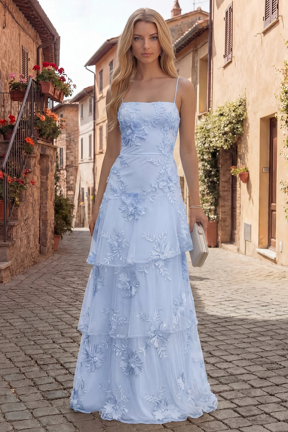 Yellow A-Line Spaghetti Straps Tiered Long Prom Dress with Embroidery - Image 3