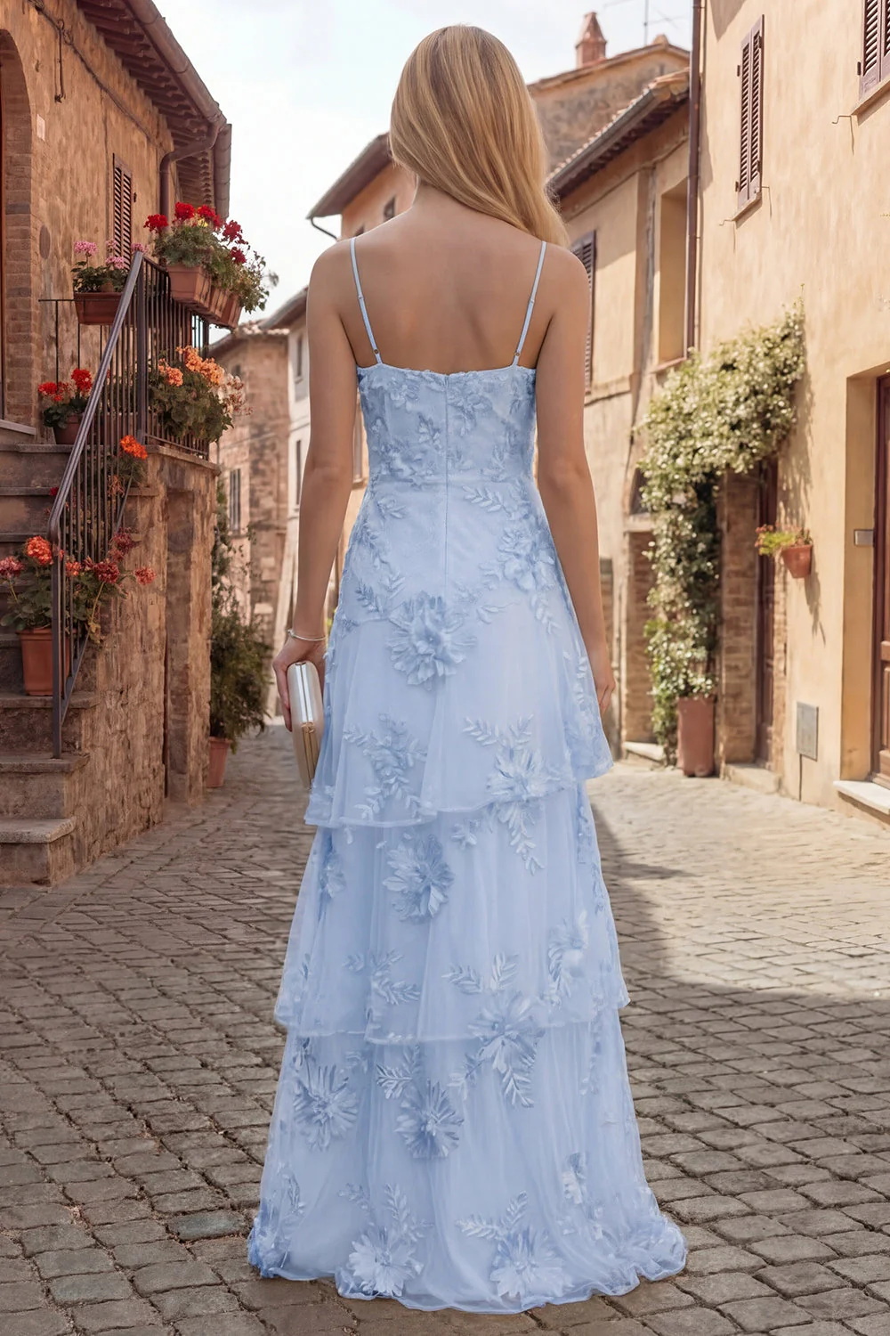Yellow A-Line Spaghetti Straps Tiered Long Prom Dress with Embroidery - Image 4