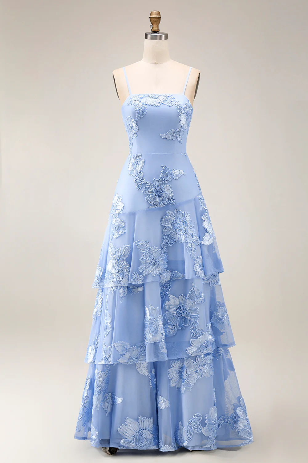 Yellow A-Line Spaghetti Straps Tiered Long Prom Dress with Embroidery - Image 5