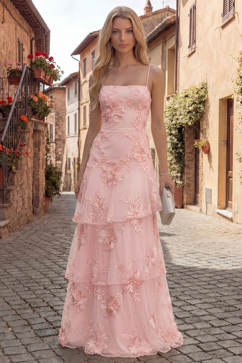 Yellow A-Line Spaghetti Straps Tiered Long Prom Dress with Embroidery - Image 8