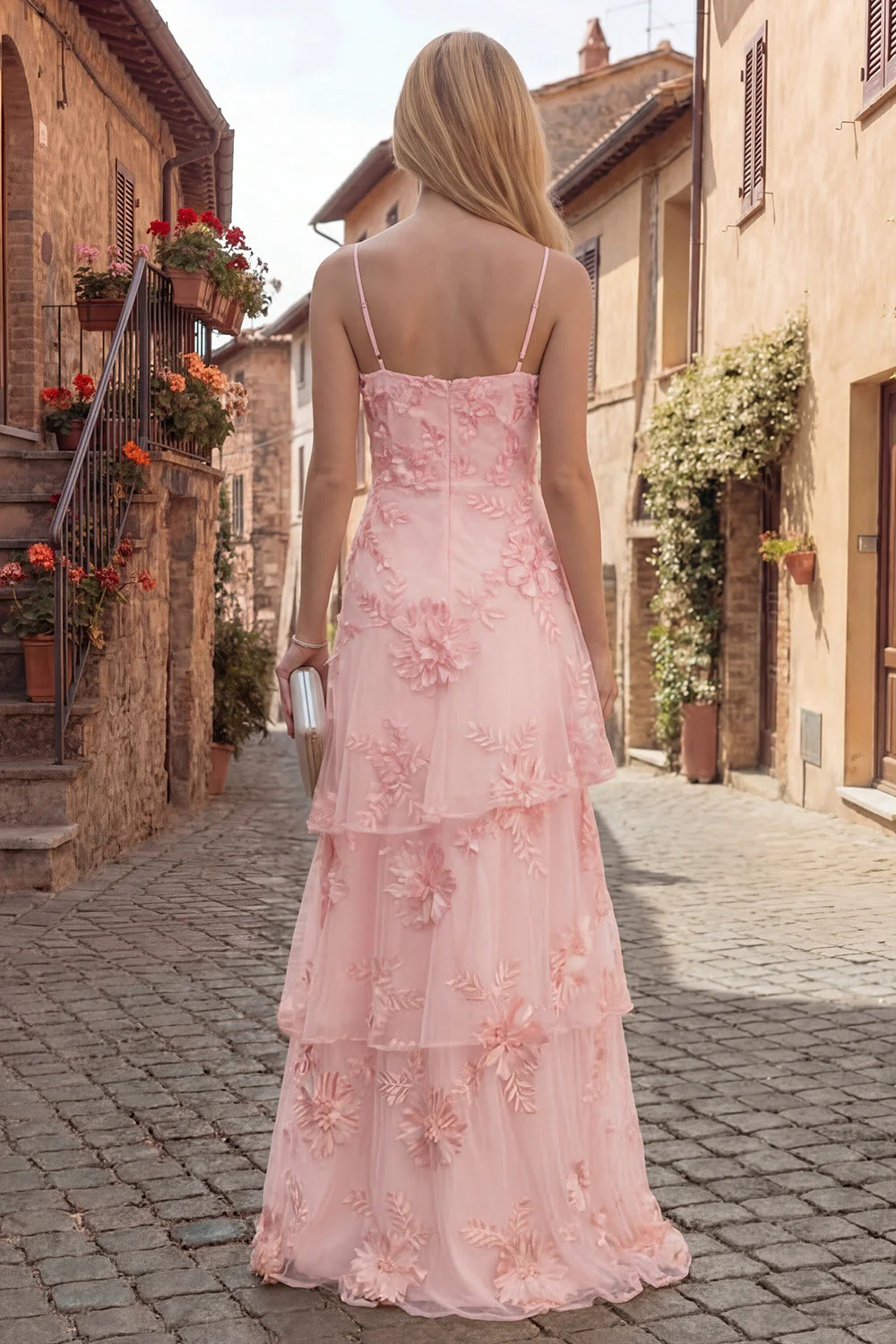 Yellow A-Line Spaghetti Straps Tiered Long Prom Dress with Embroidery - Image 9