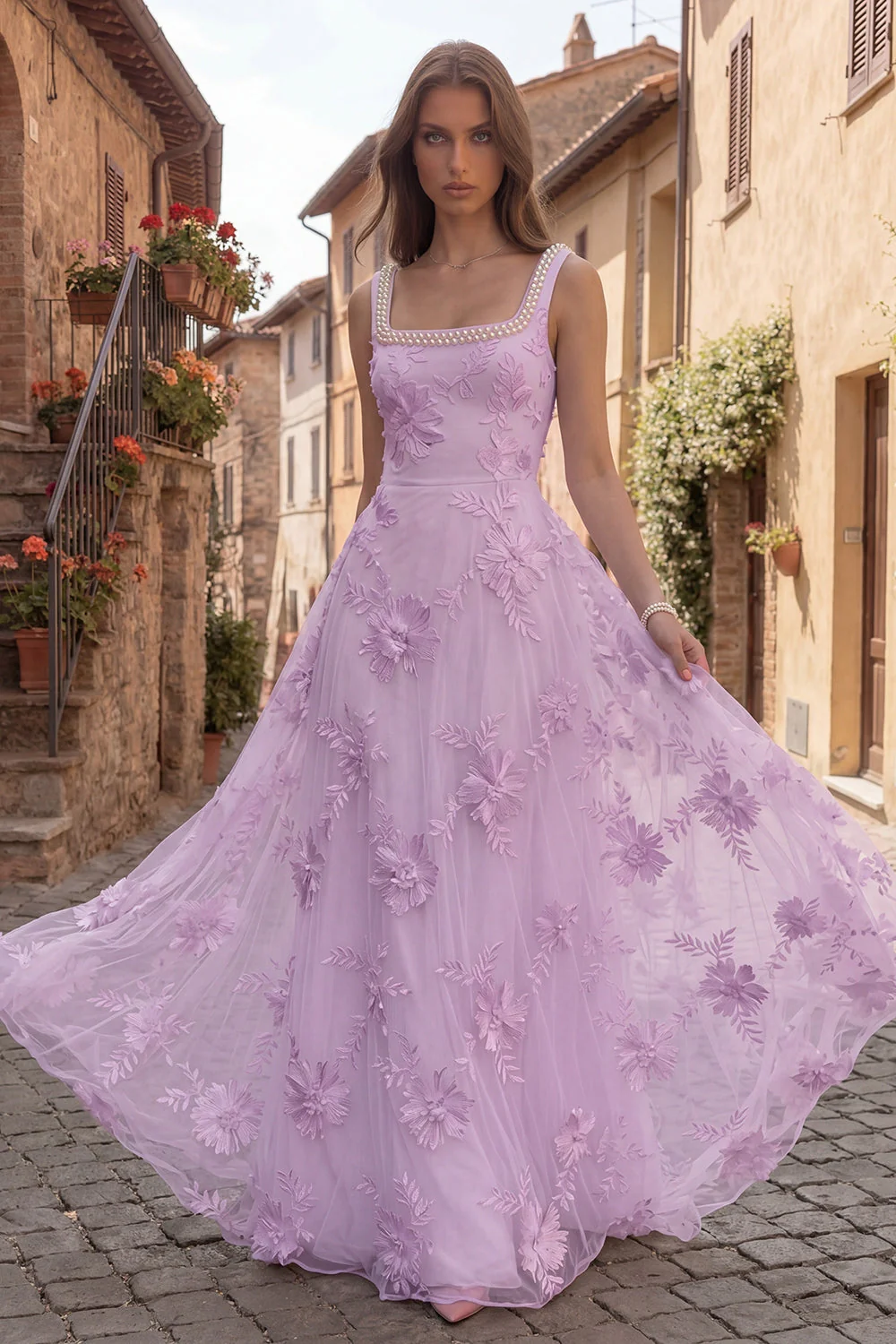 Yellow A Line Square Neck Long Prom Dress with Embroidery - Image 11