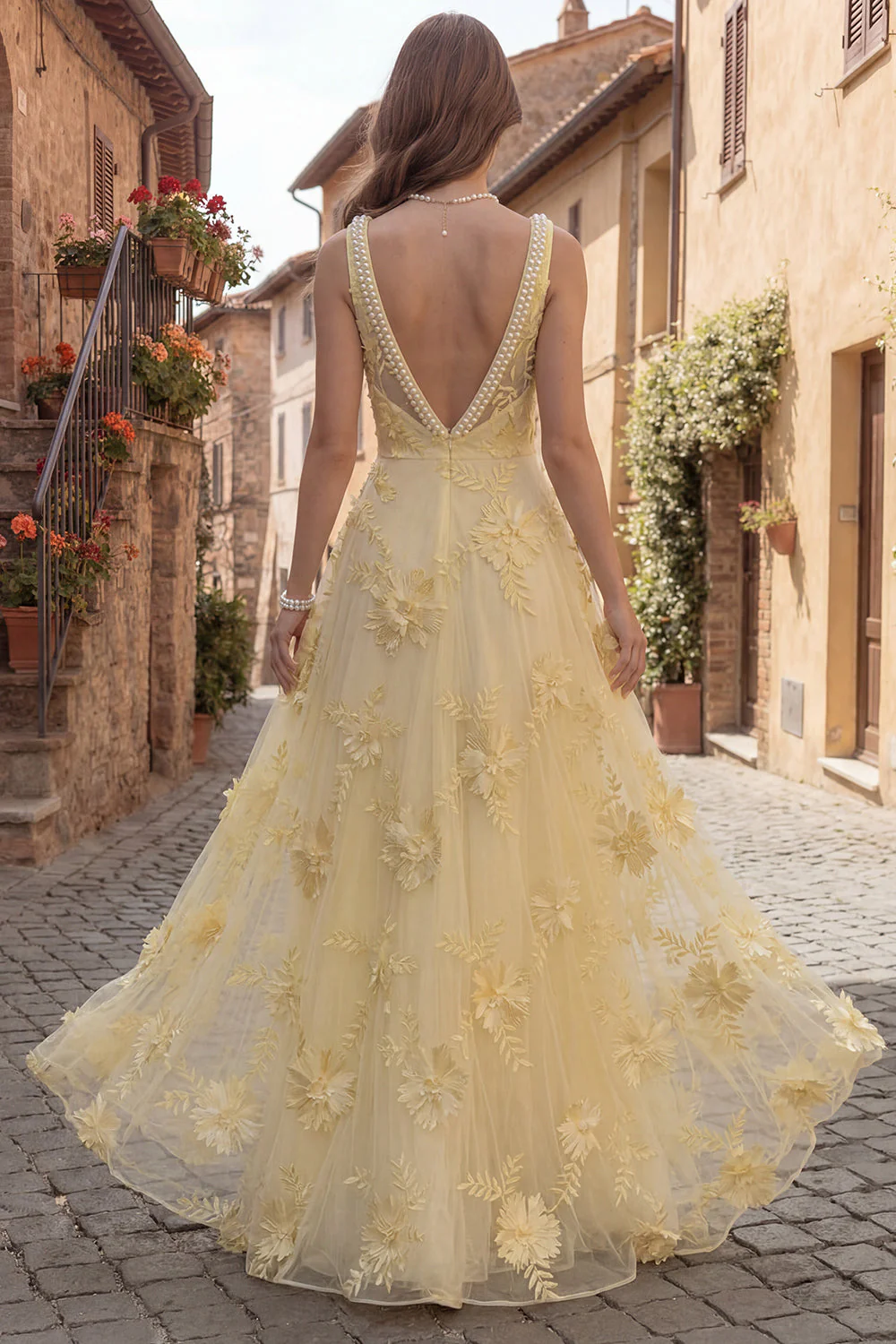 Yellow A Line Square Neck Long Prom Dress with Embroidery - Image 2