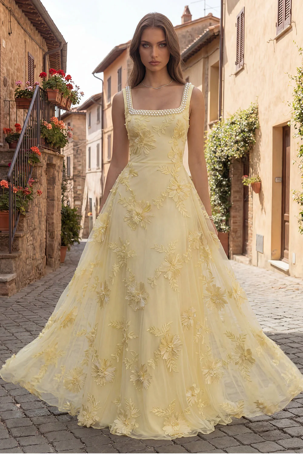 Yellow A Line Square Neck Long Prom Dress with Embroidery - Image 3