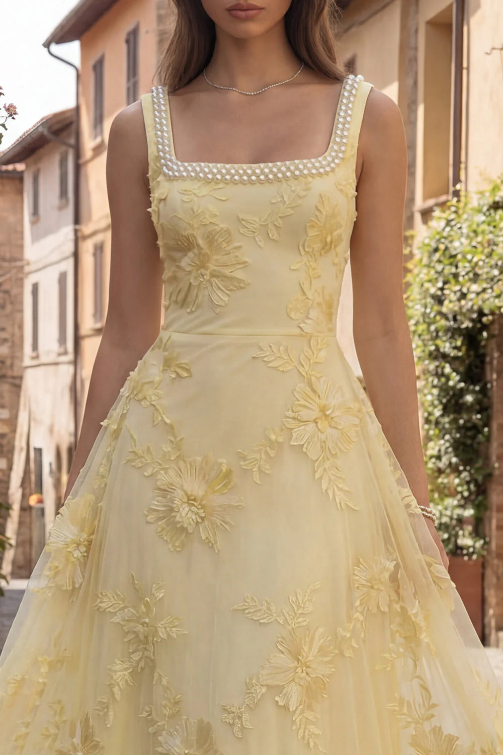 Yellow A Line Square Neck Long Prom Dress with Embroidery - Image 4