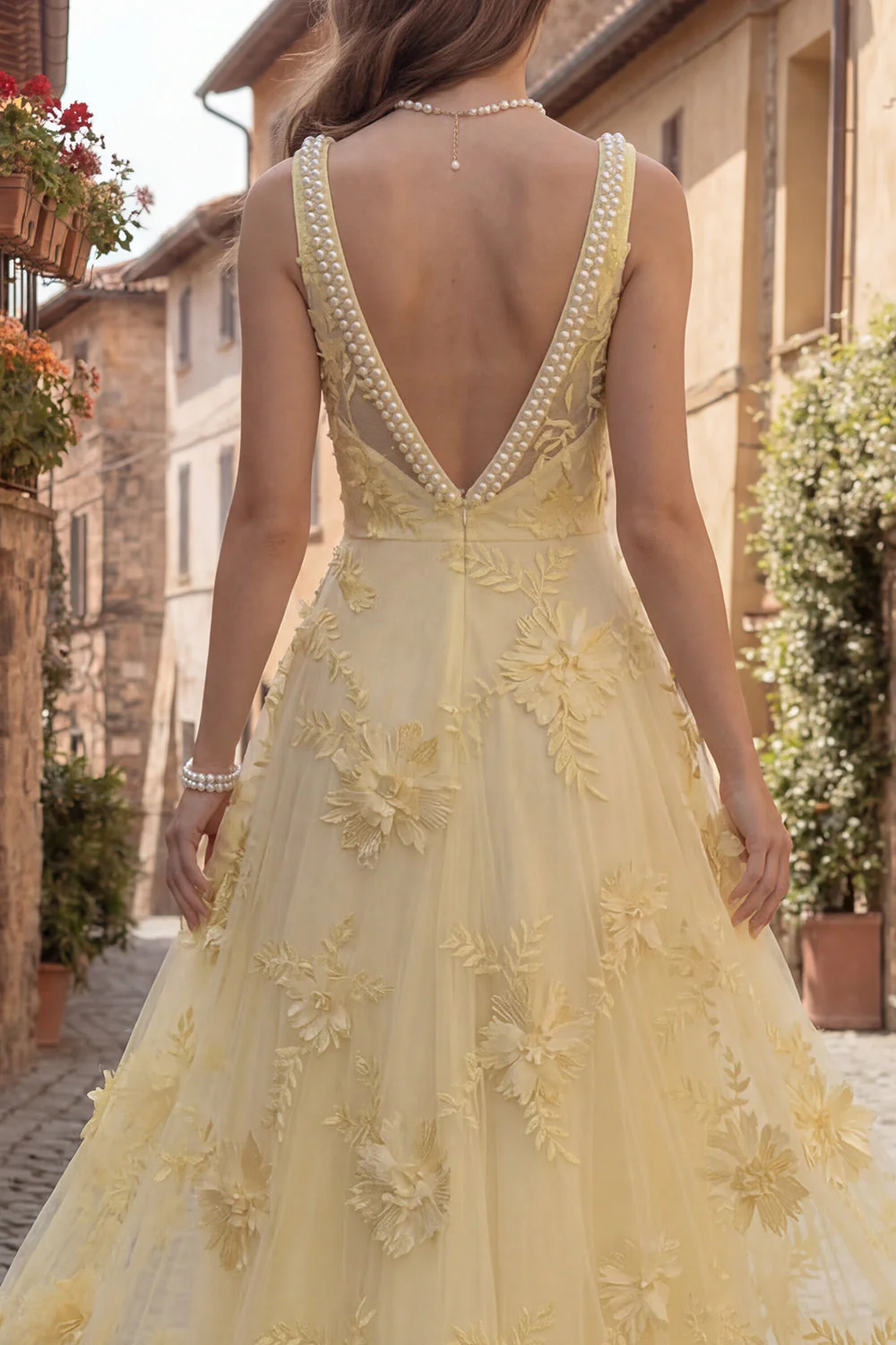 Yellow A Line Square Neck Long Prom Dress with Embroidery - Image 5