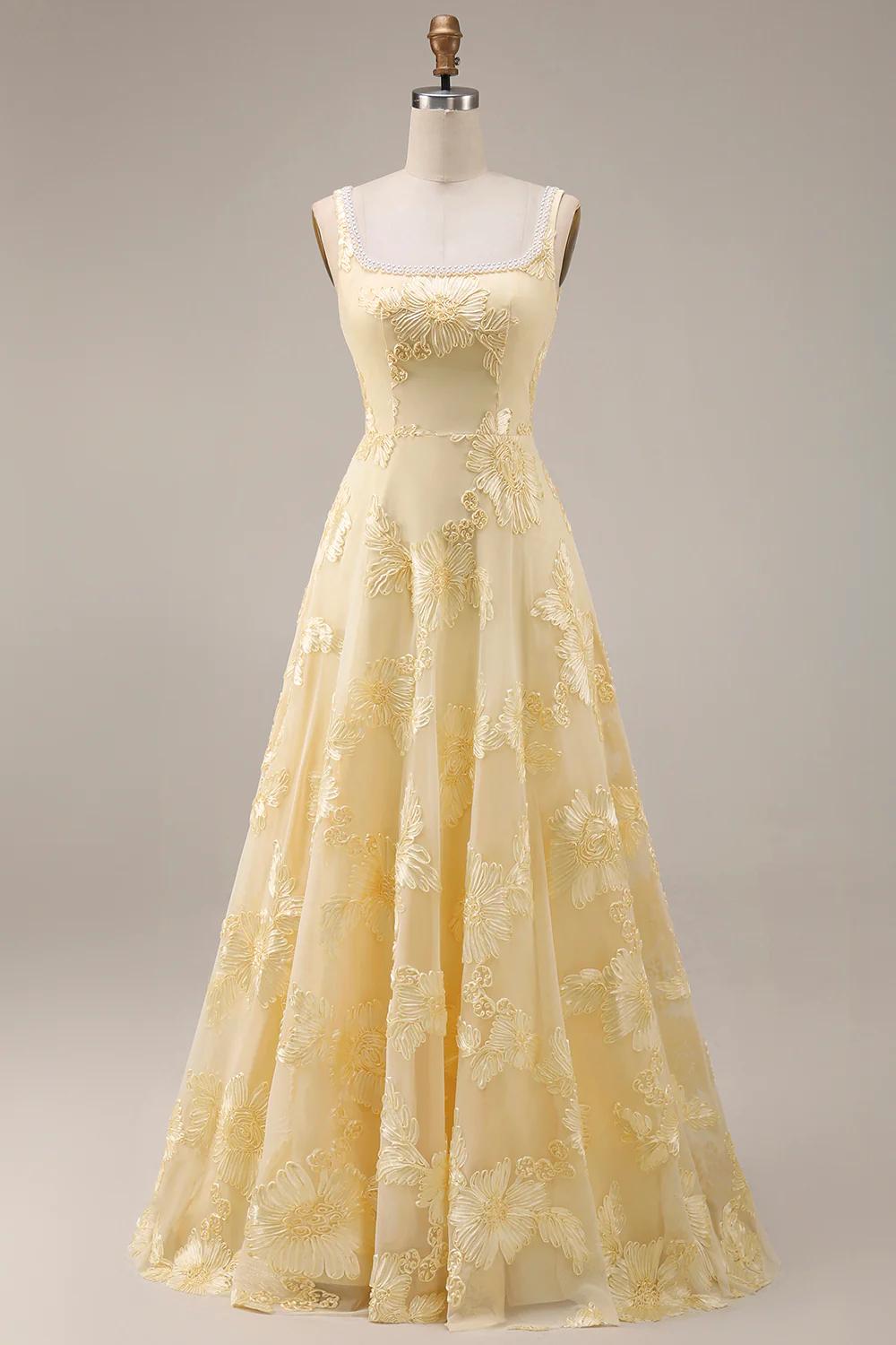 Yellow A Line Square Neck Long Prom Dress with Embroidery - Image 6