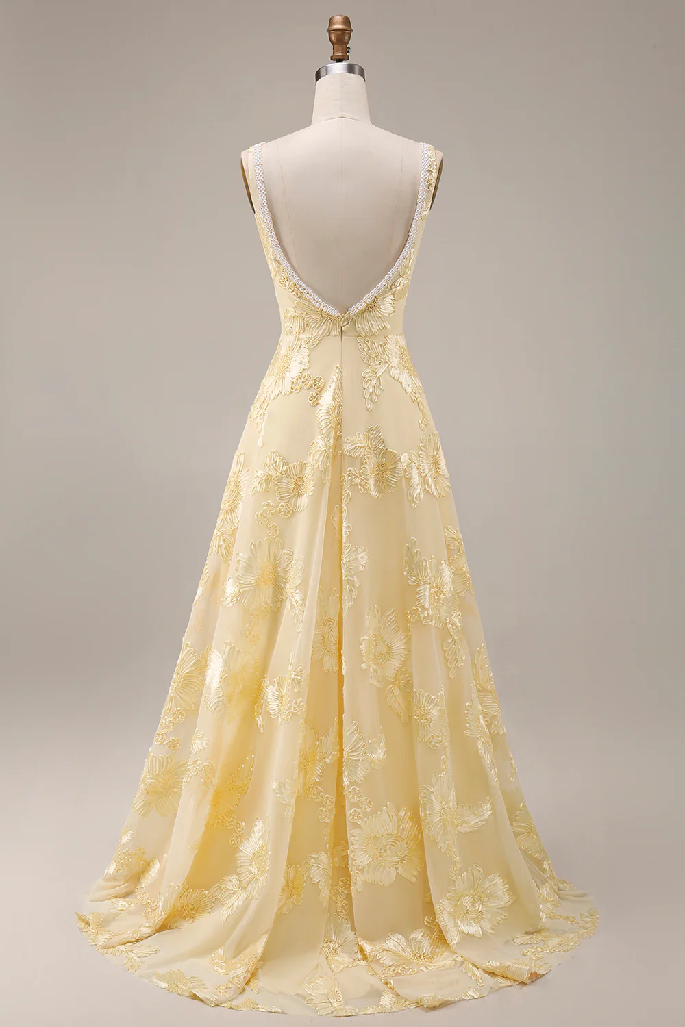 Yellow A Line Square Neck Long Prom Dress with Embroidery - Image 7