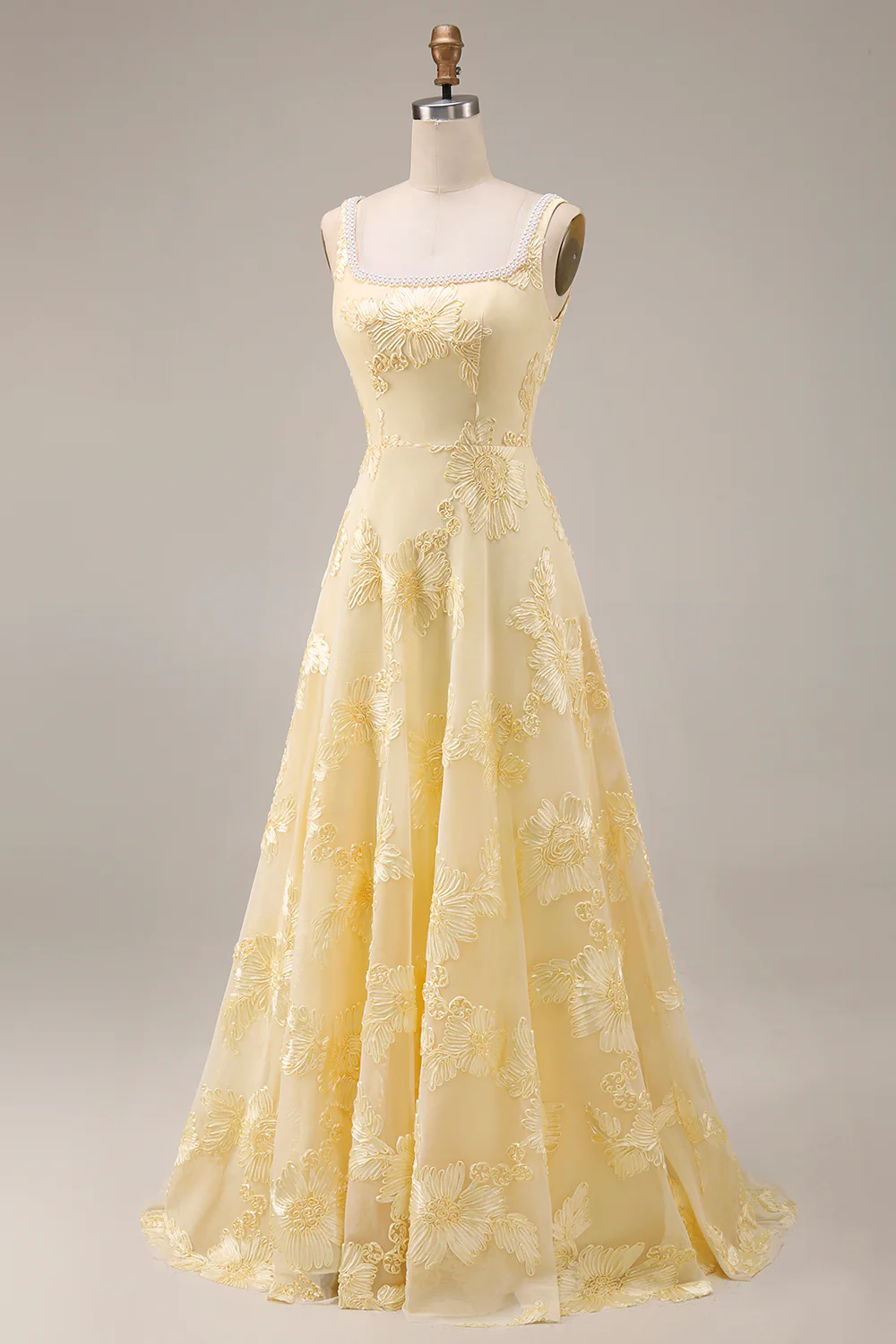 Yellow A Line Square Neck Long Prom Dress with Embroidery - Image 8