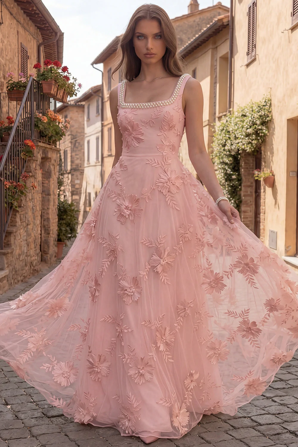 Yellow A Line Square Neck Long Prom Dress with Embroidery - Image 9