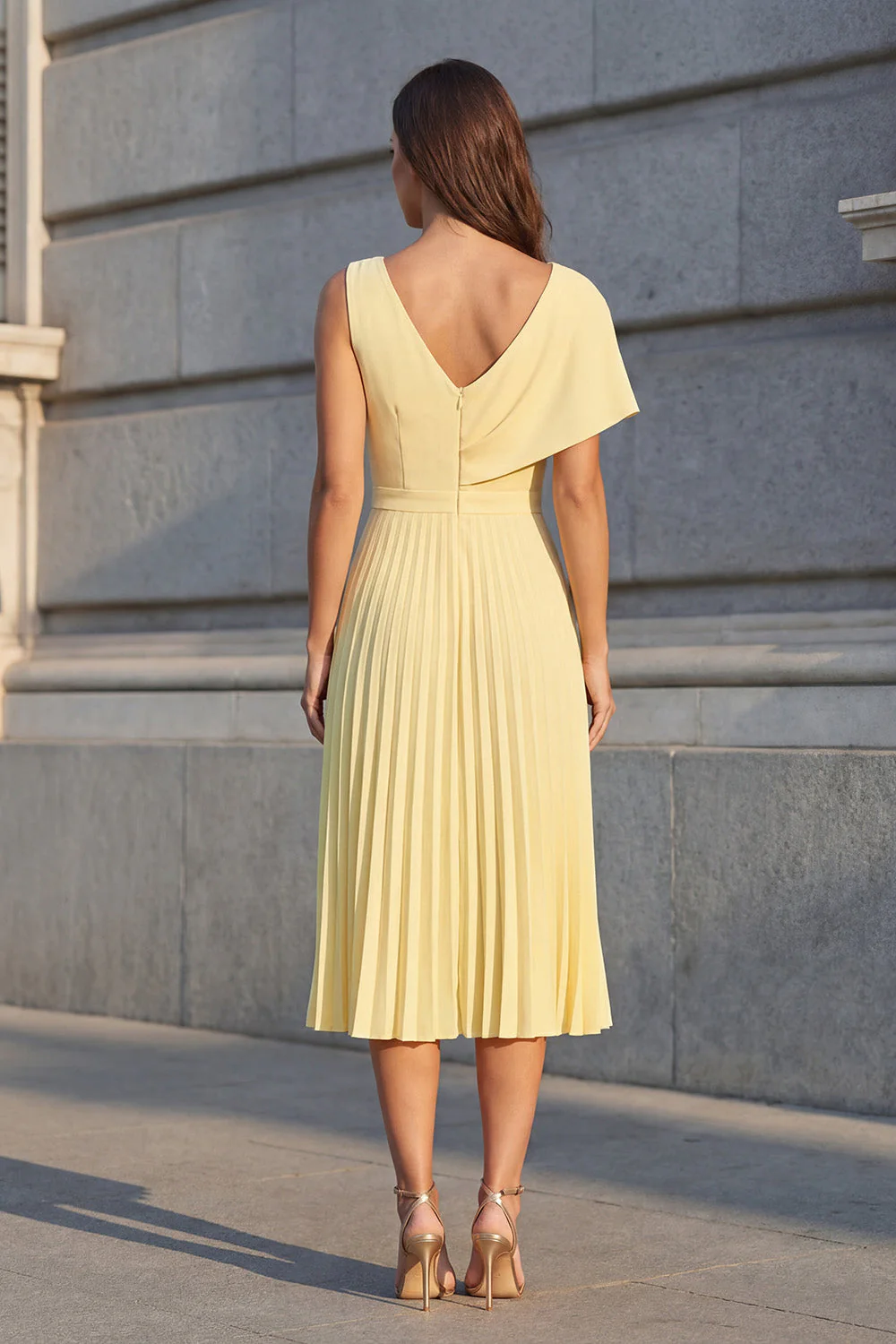 Yellow Pleated A Line Asymmetrical Neck Midi Work Dress with Slit - Image 2