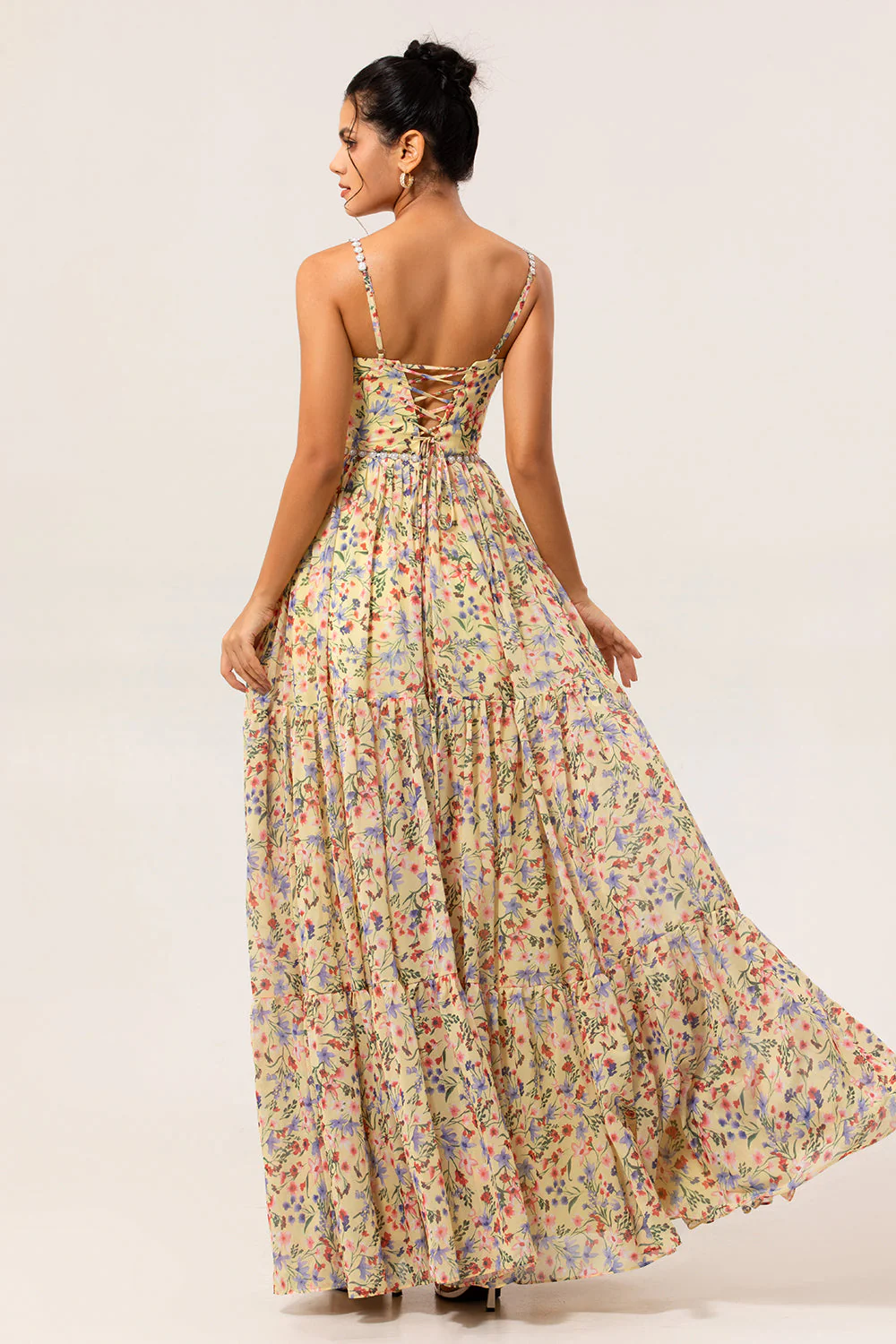 Yellow Floral A Line Beaded Long Bridesmaid Dress with Slit - Image 2