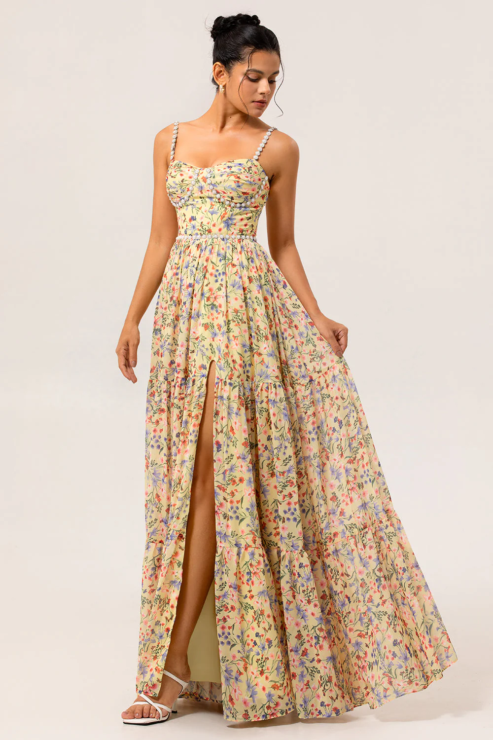 Yellow Floral A Line Beaded Long Bridesmaid Dress with Slit - Image 3
