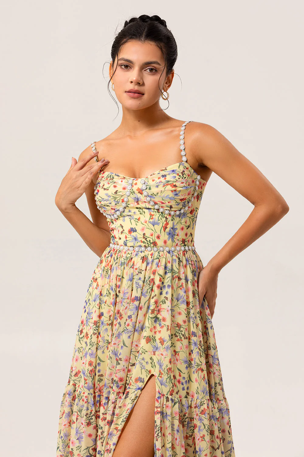 Yellow Floral A Line Beaded Long Bridesmaid Dress with Slit - Image 4