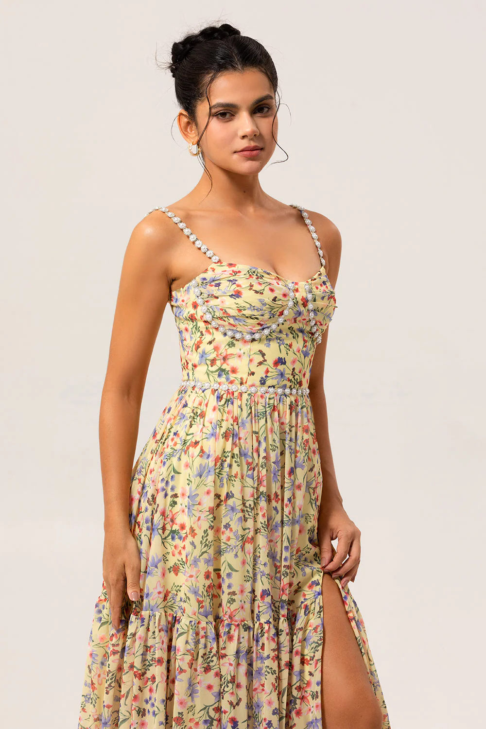 Yellow Floral A Line Beaded Long Bridesmaid Dress with Slit - Image 5
