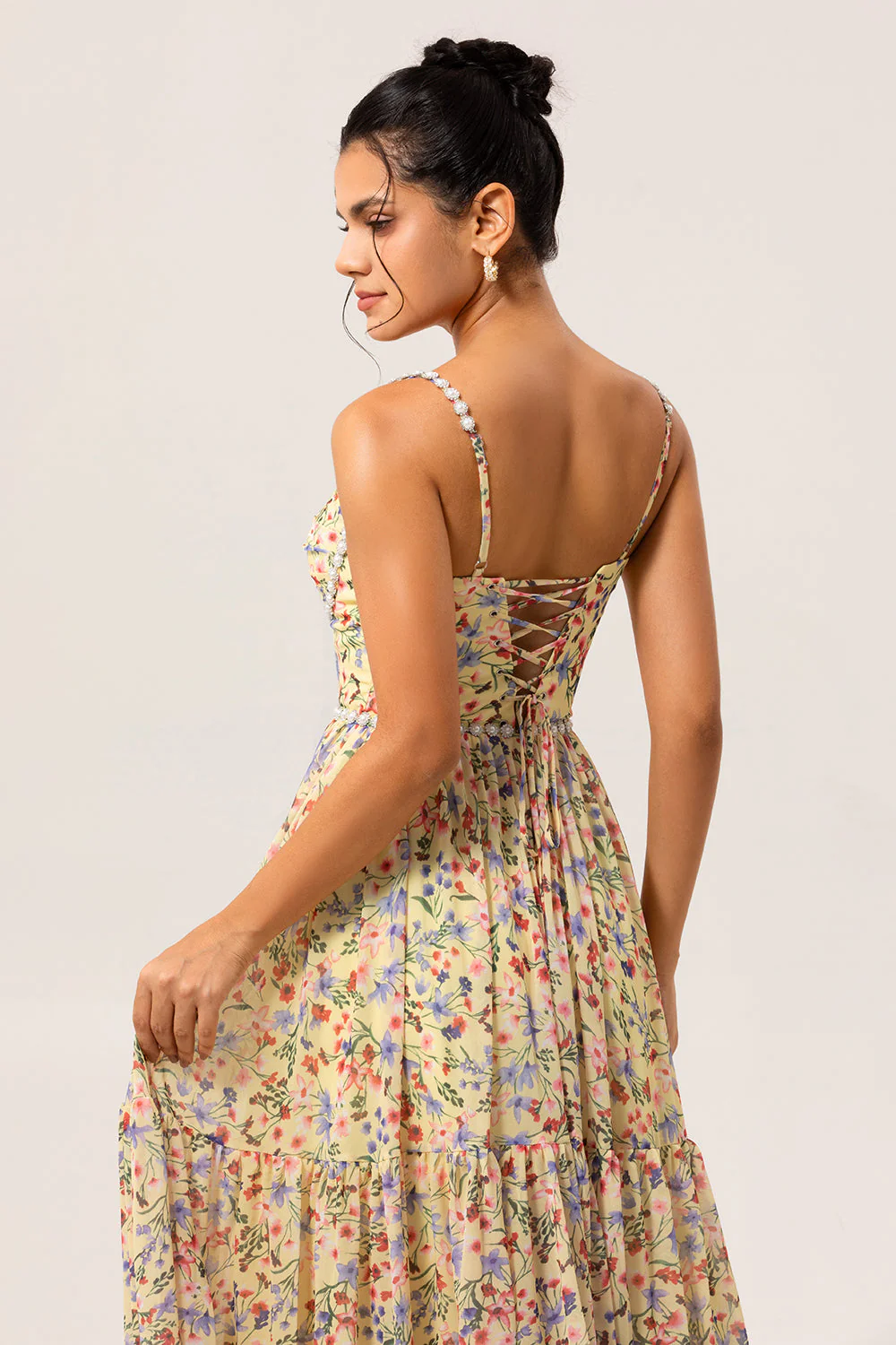 Yellow Floral A Line Beaded Long Bridesmaid Dress with Slit - Image 6