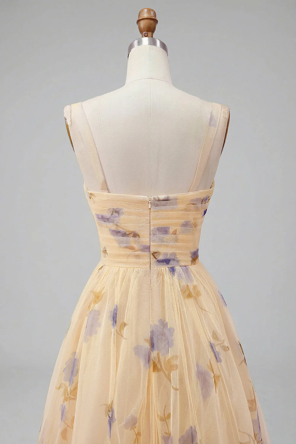 Yellow Floral A Line Pleated Printed Long Prom Dress with Ruffles - Image 11