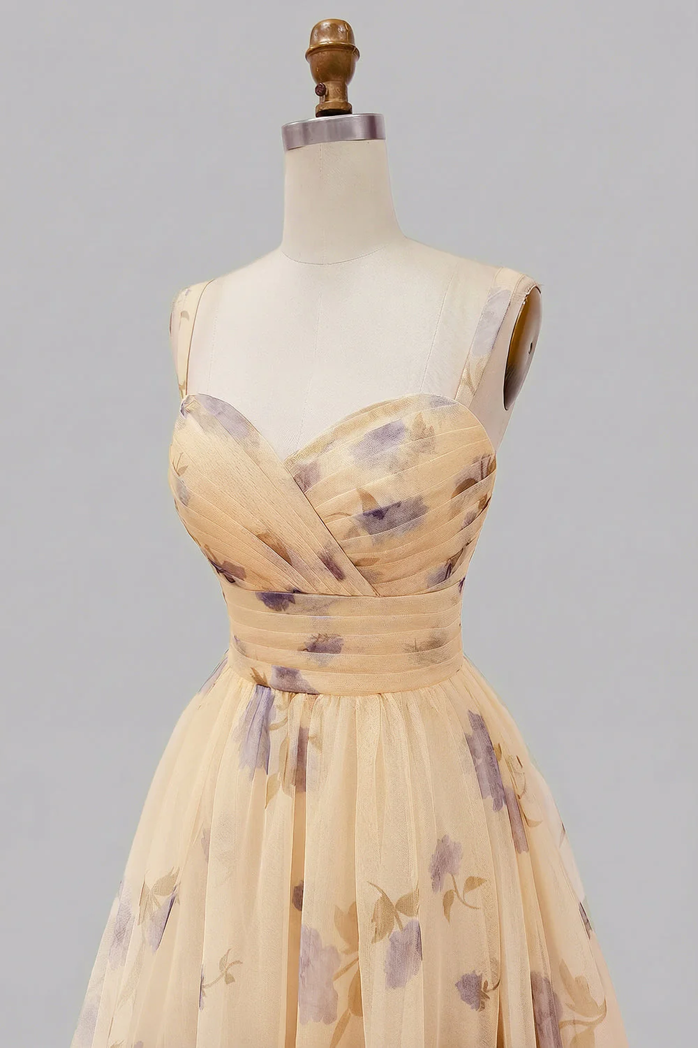 Yellow Floral A Line Pleated Printed Long Prom Dress with Ruffles - Image 12