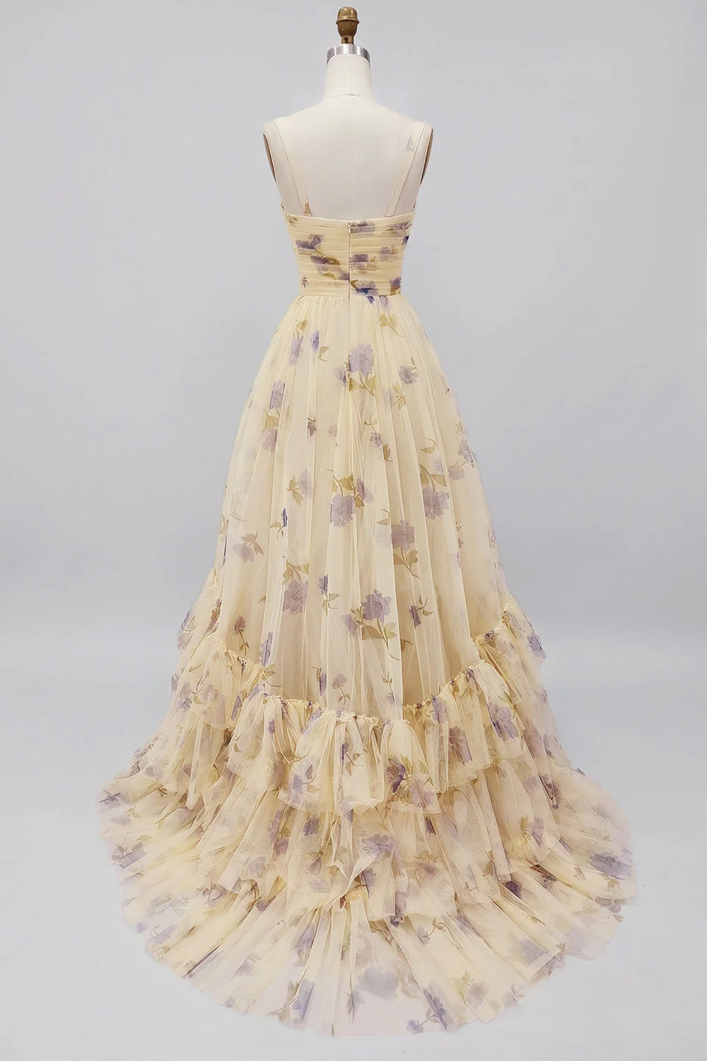 Yellow Floral A Line Pleated Printed Long Prom Dress with Ruffles - Image 2