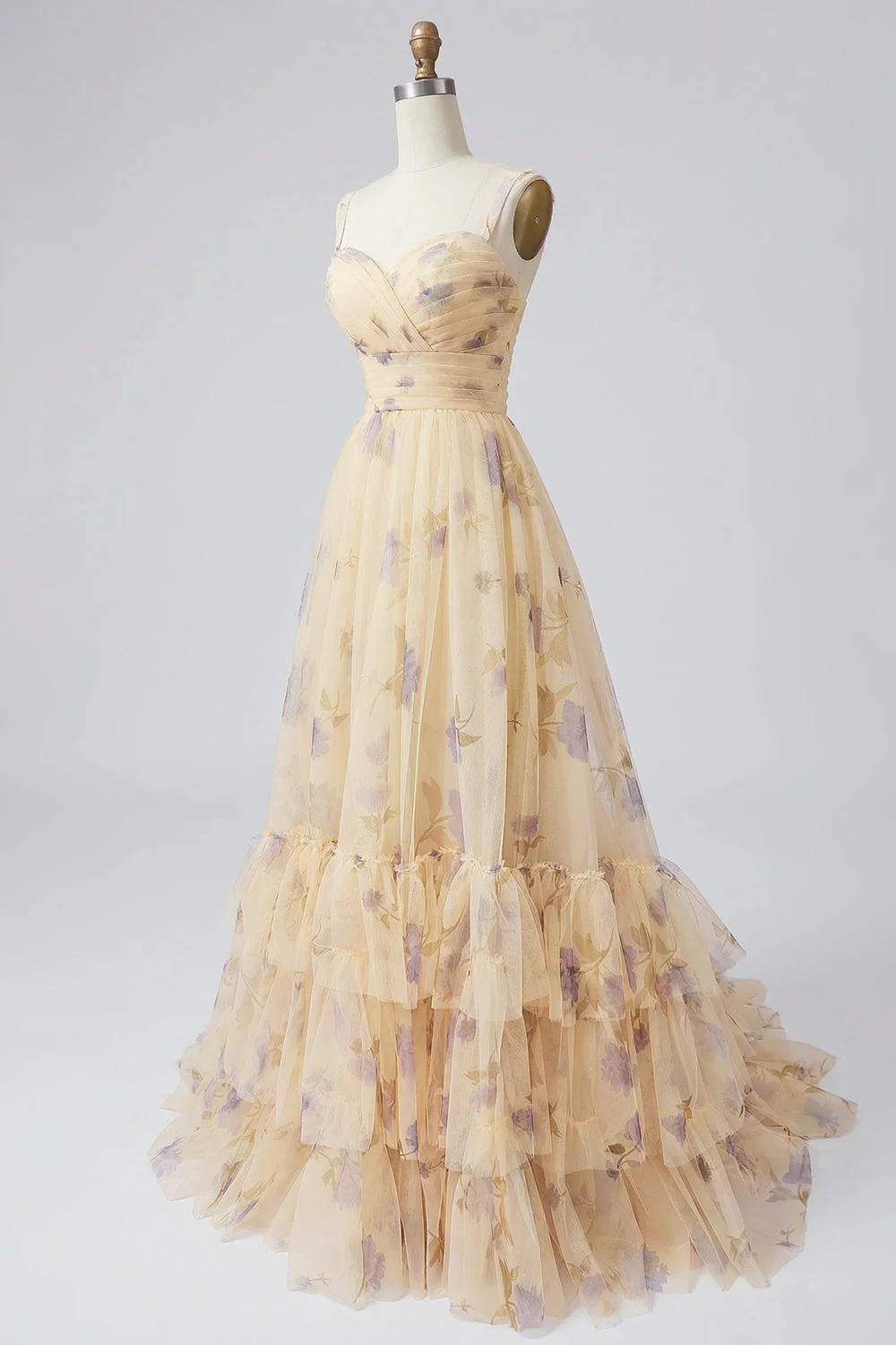 Yellow Floral A Line Pleated Printed Long Prom Dress with Ruffles - Image 3