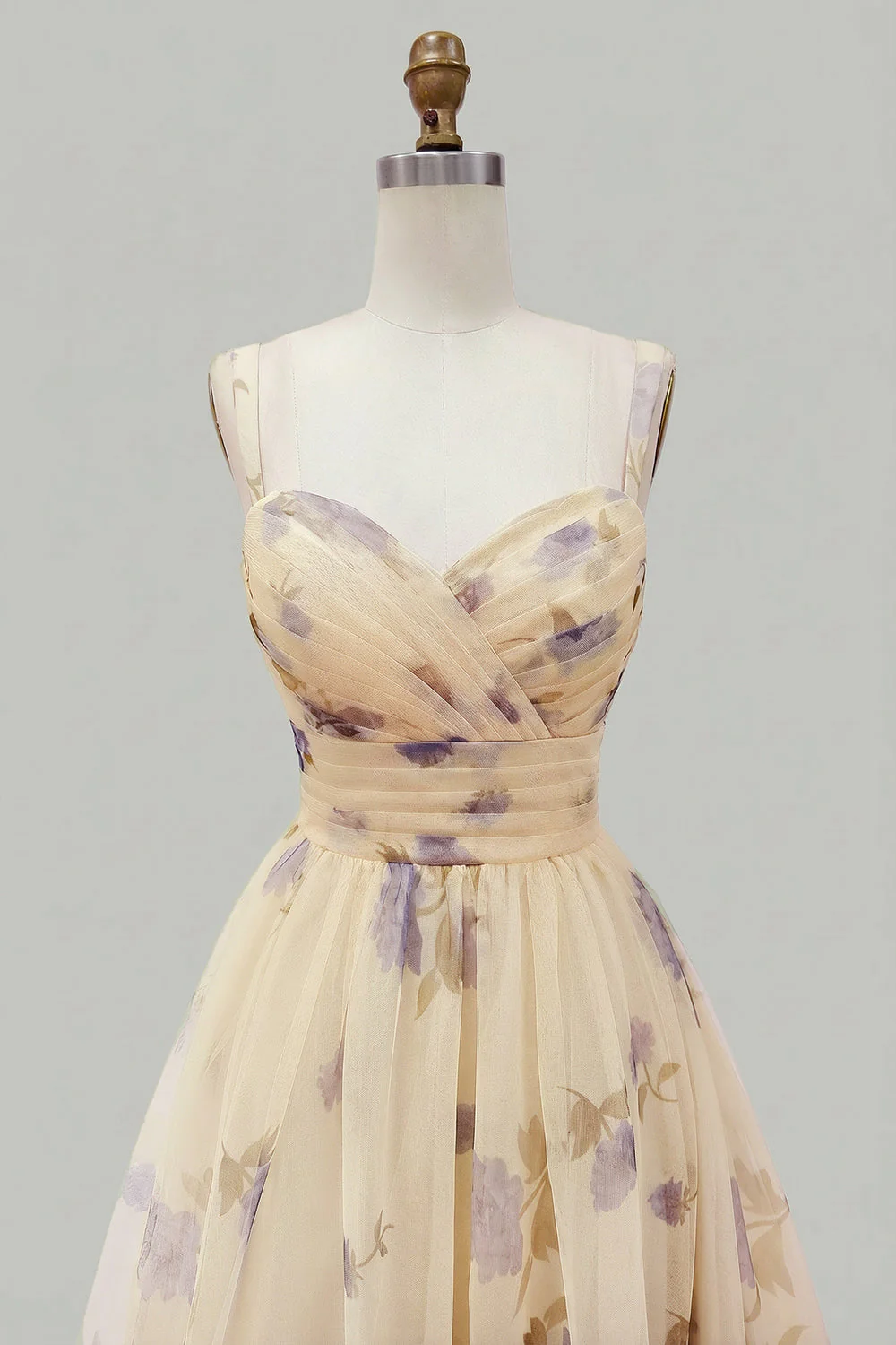Yellow Floral A Line Pleated Printed Long Prom Dress with Ruffles - Image 4