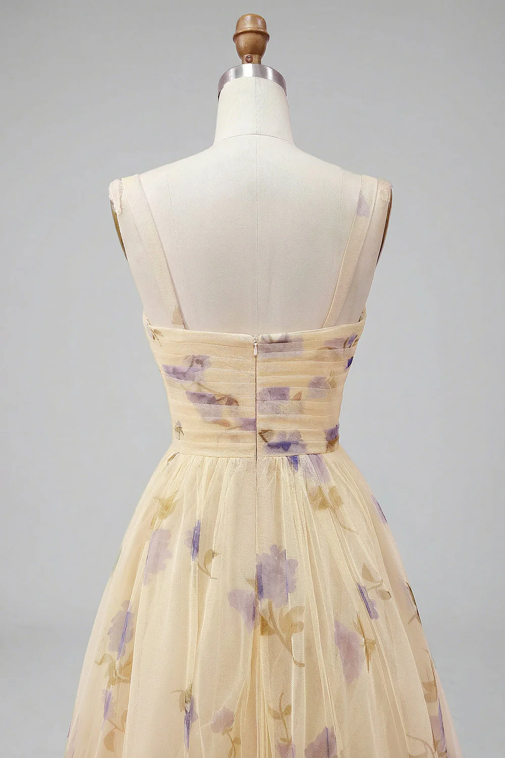 Yellow Floral A Line Pleated Printed Long Prom Dress with Ruffles - Image 5