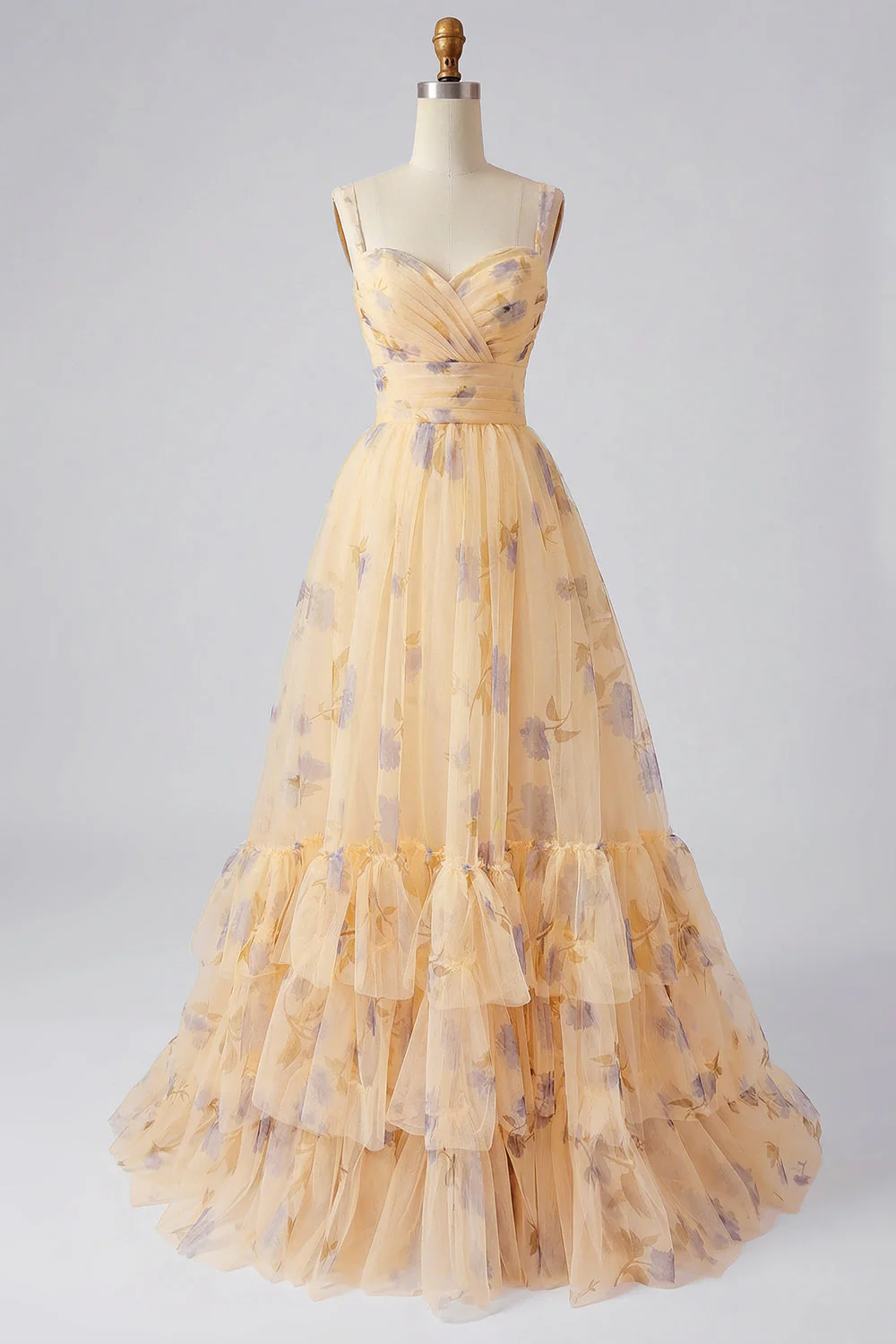 Yellow Floral A Line Pleated Printed Long Prom Dress with Ruffles - Image 7