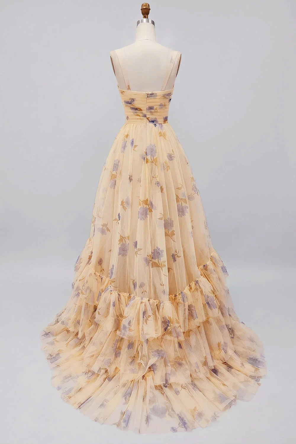 Yellow Floral A Line Pleated Printed Long Prom Dress with Ruffles - Image 8