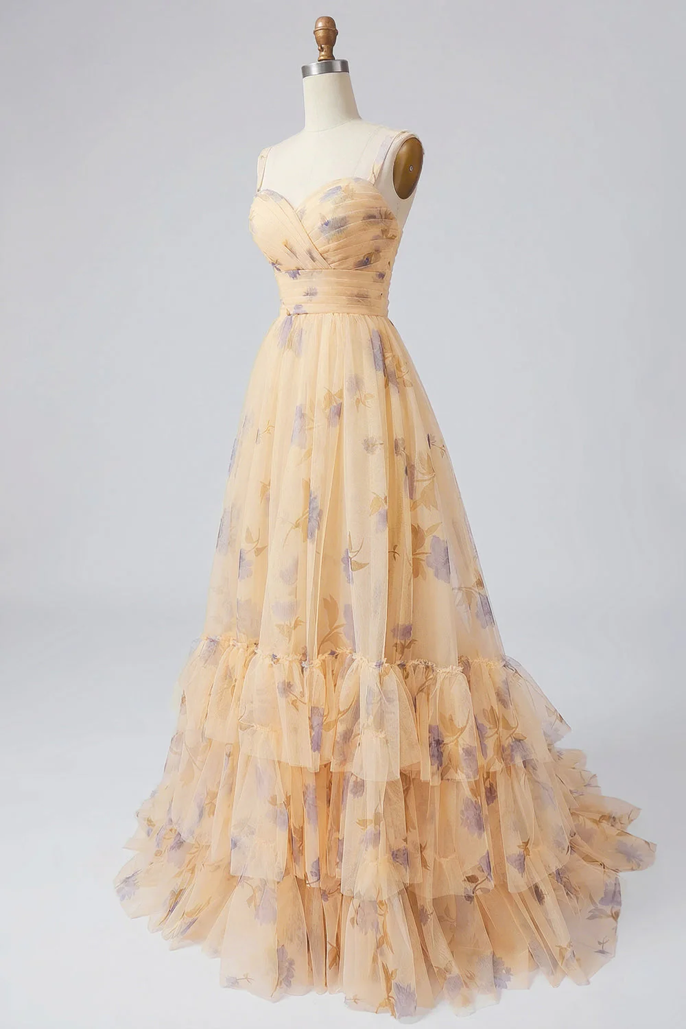 Yellow Floral A Line Pleated Printed Long Prom Dress with Ruffles - Image 9