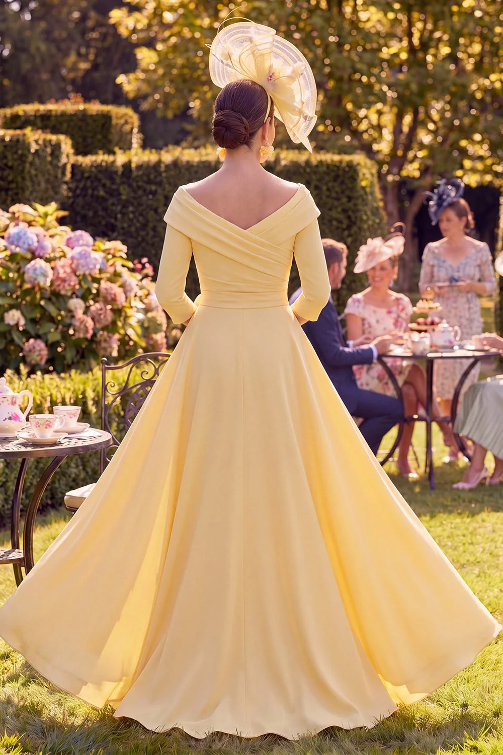 Yellow Floral Sheath Ruched Long Mother of the Bride Dress with Embroidery - Image 2