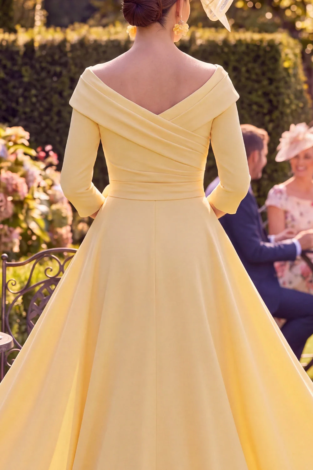 Yellow Floral Sheath Ruched Long Mother of the Bride Dress with Embroidery - Image 4