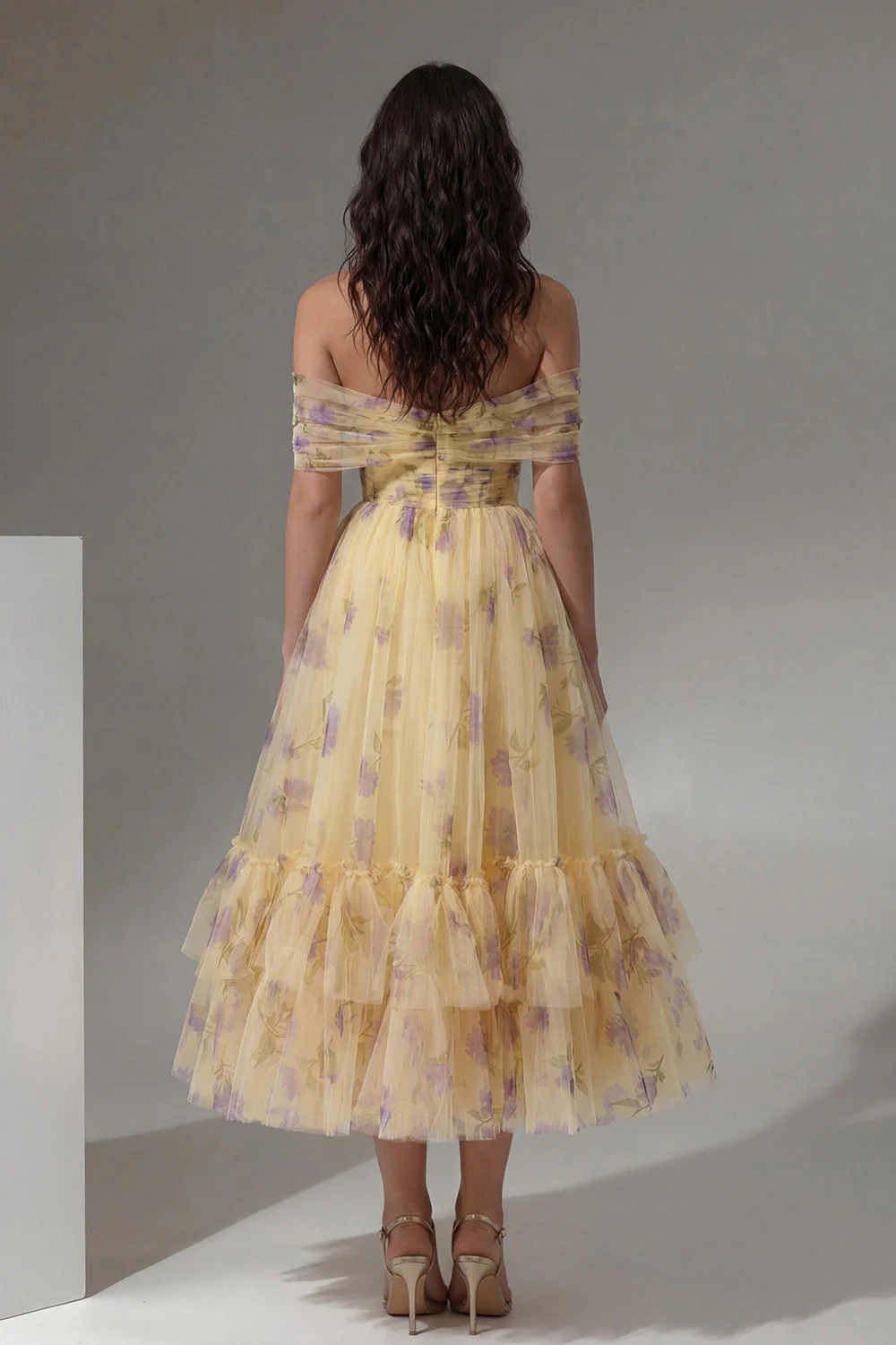Yellow Floral Off the Shoulder A-Line Tulle Midi Dress with Ruffles - Image 2