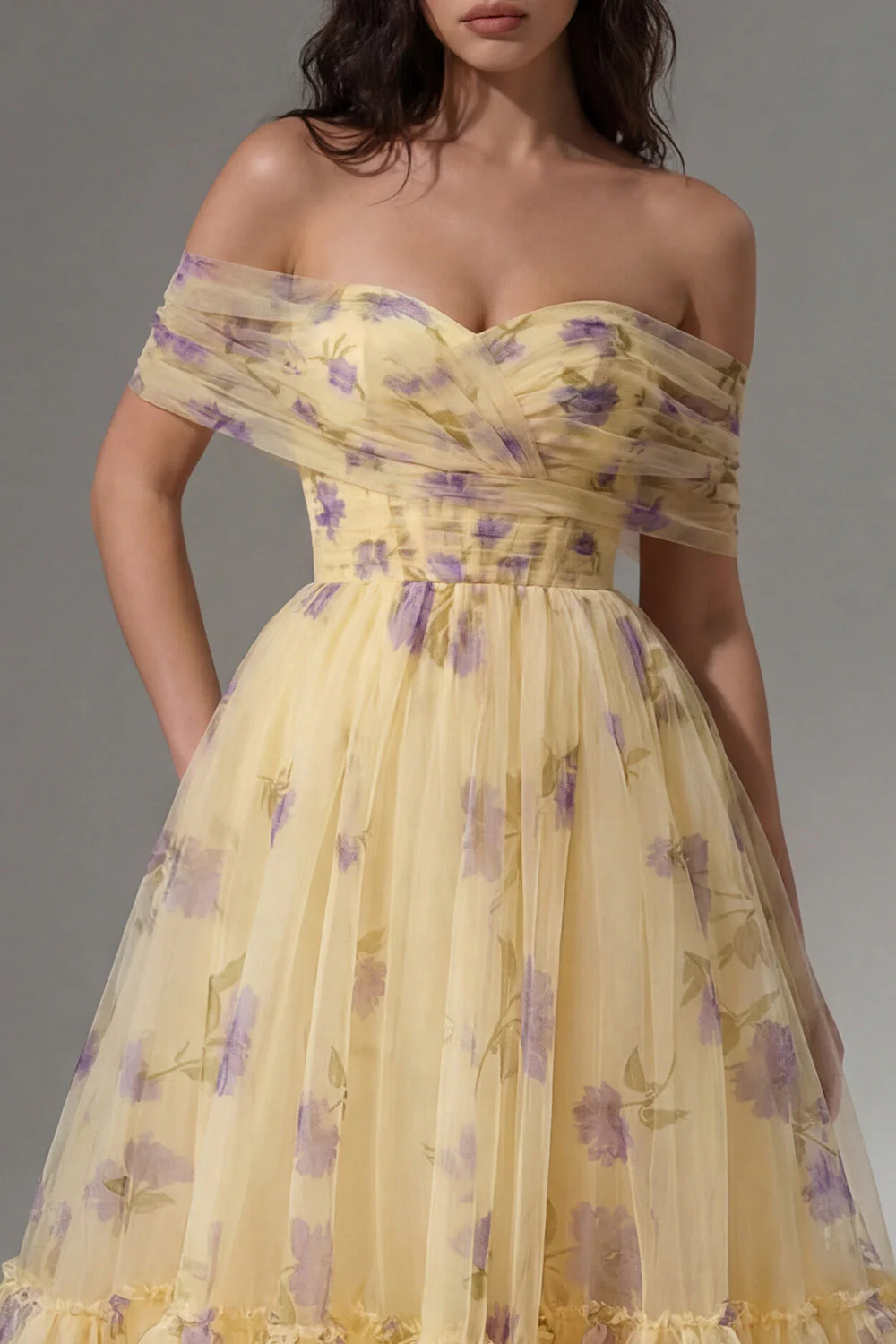 Yellow Floral Off the Shoulder A-Line Tulle Midi Dress with Ruffles - Image 3