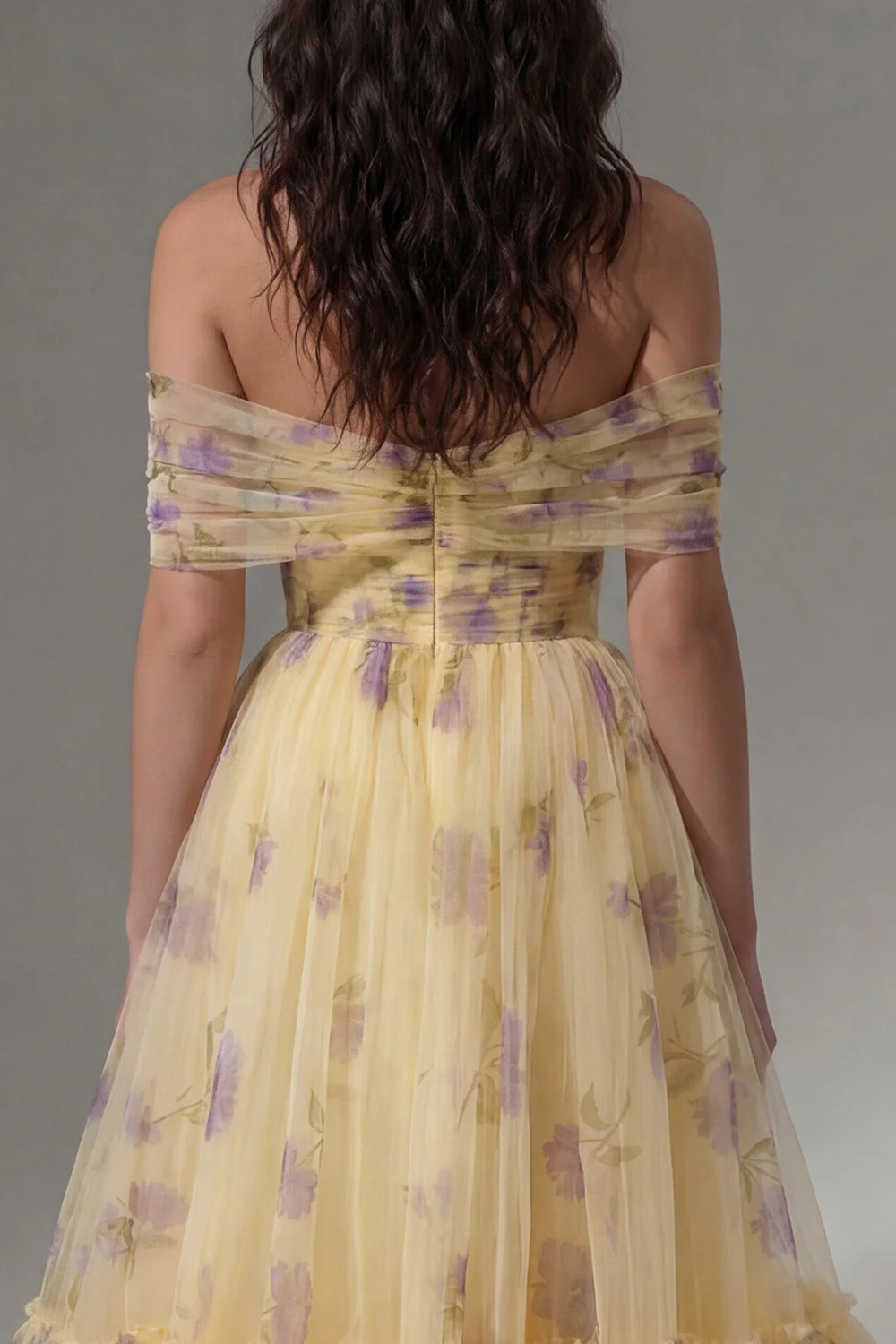 Yellow Floral Off the Shoulder A-Line Tulle Midi Dress with Ruffles - Image 4