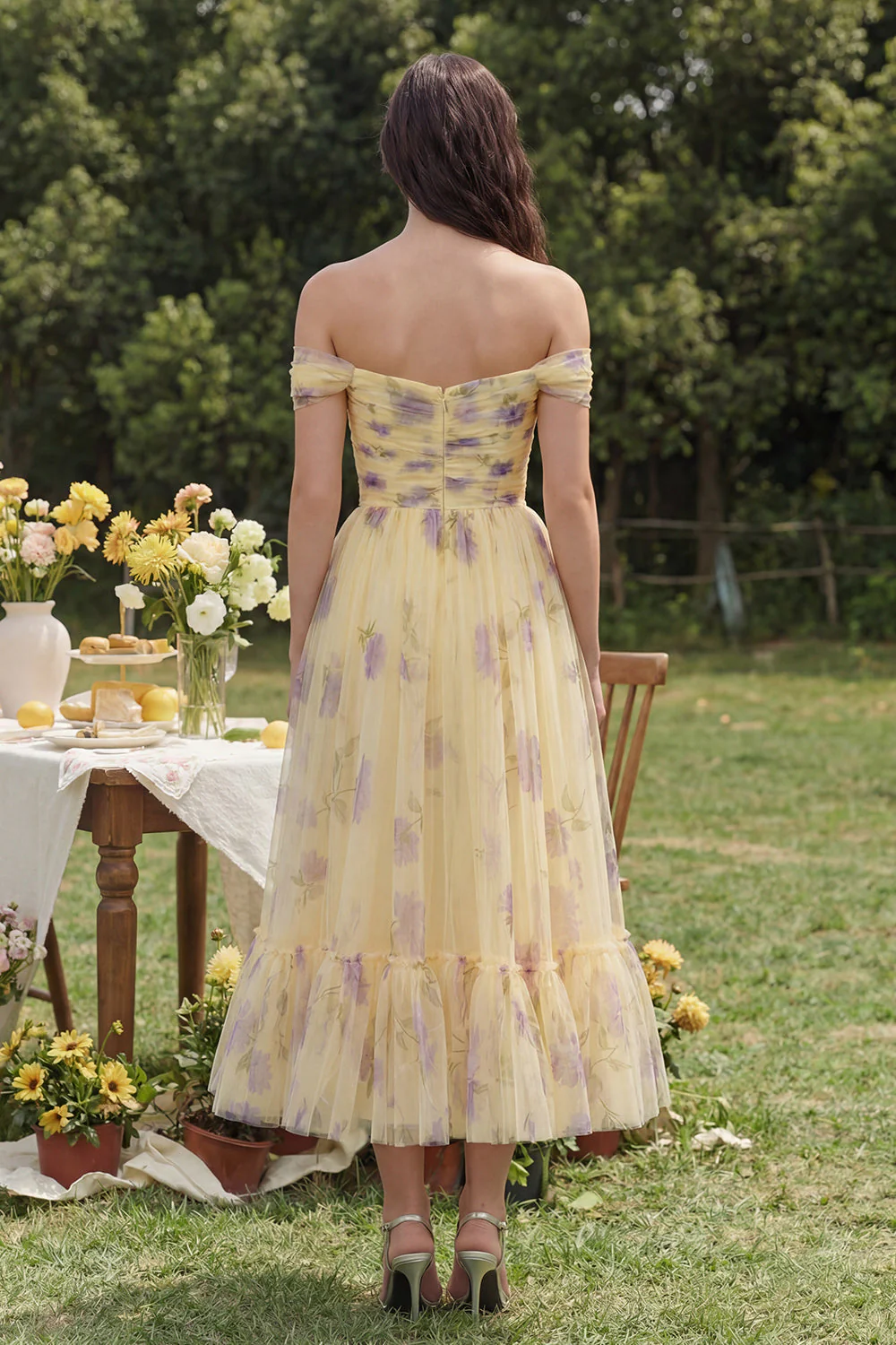Yellow Flower A-Line Off the Shoulder Midi Dress with Ruffles - Image 2