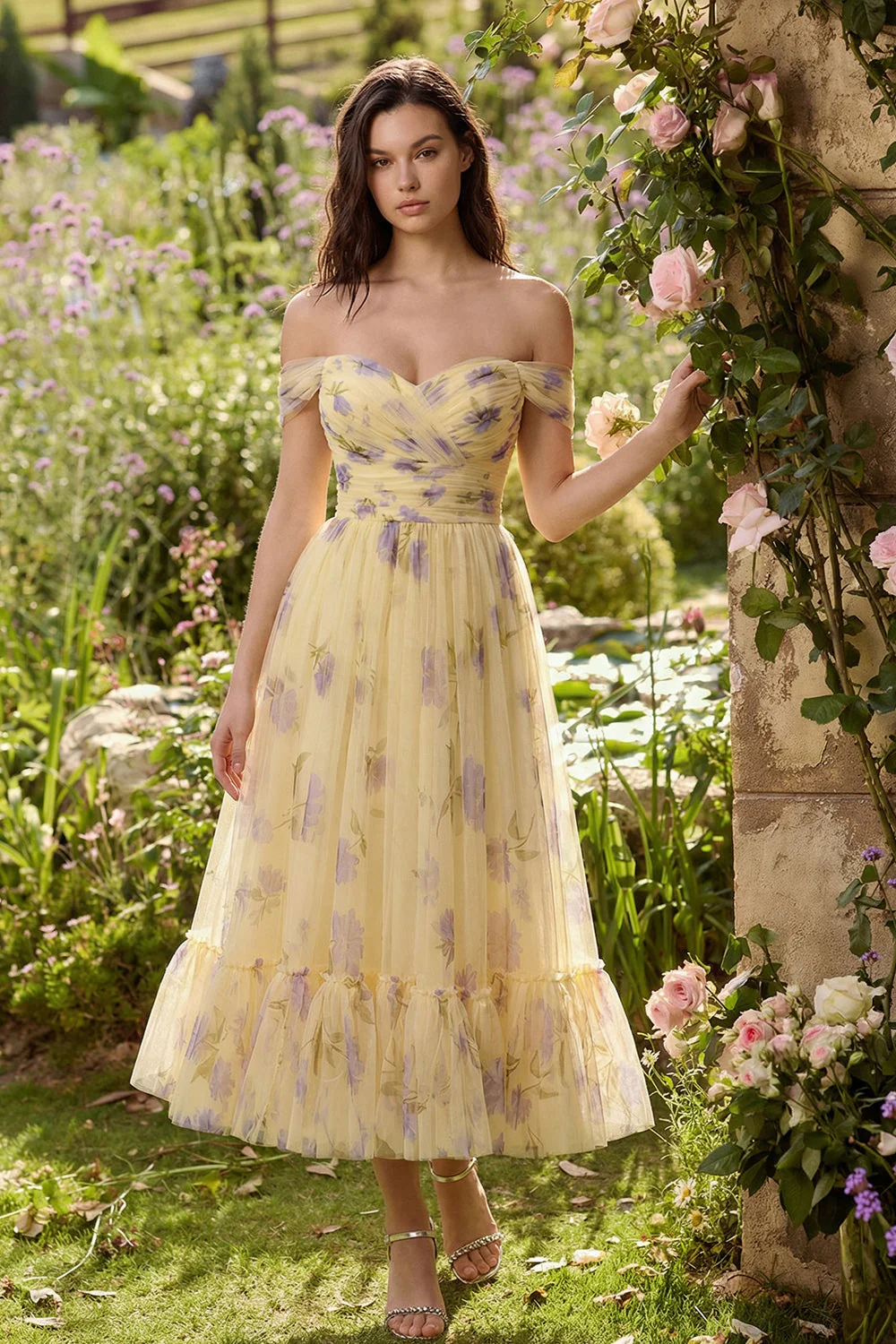 Yellow Flower A-Line Off the Shoulder Midi Dress with Ruffles - Image 4