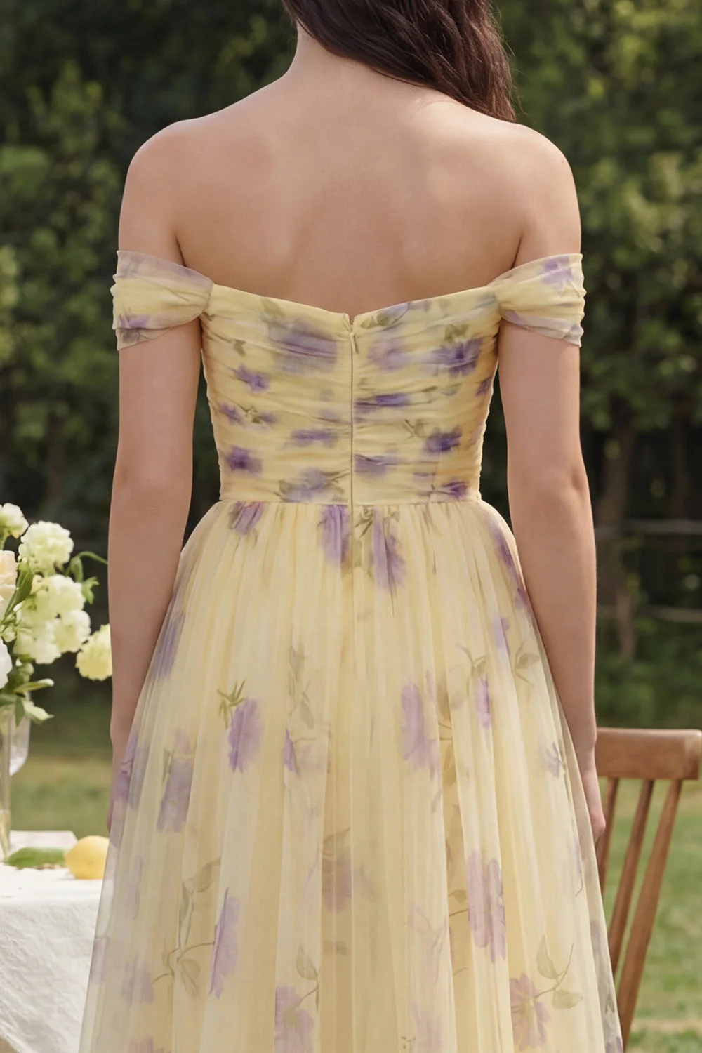 Yellow Flower A-Line Off the Shoulder Midi Dress with Ruffles - Image 6