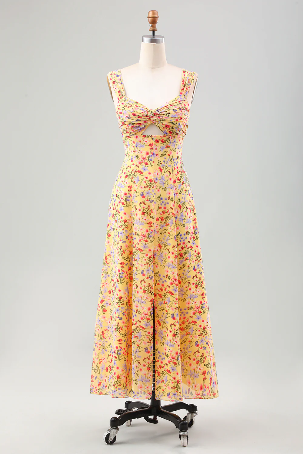 Yellow Flower A Line Print Hollow Out Corset Wedding Guest Dress with Slit - Image 3