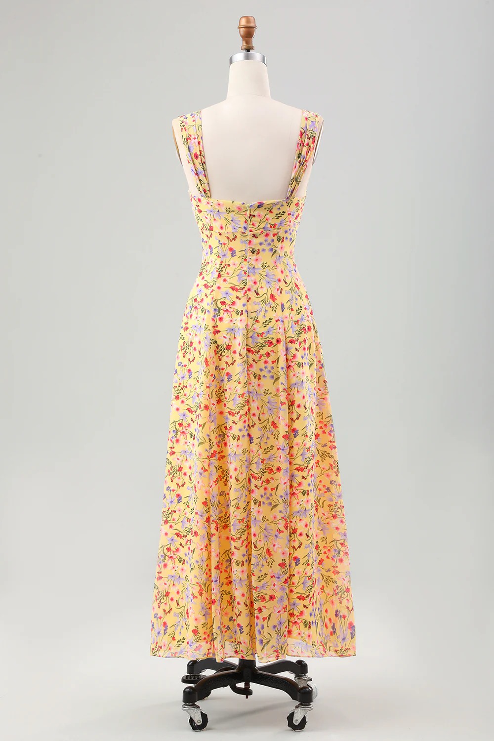 Yellow Flower A Line Print Hollow Out Corset Wedding Guest Dress with Slit - Image 4