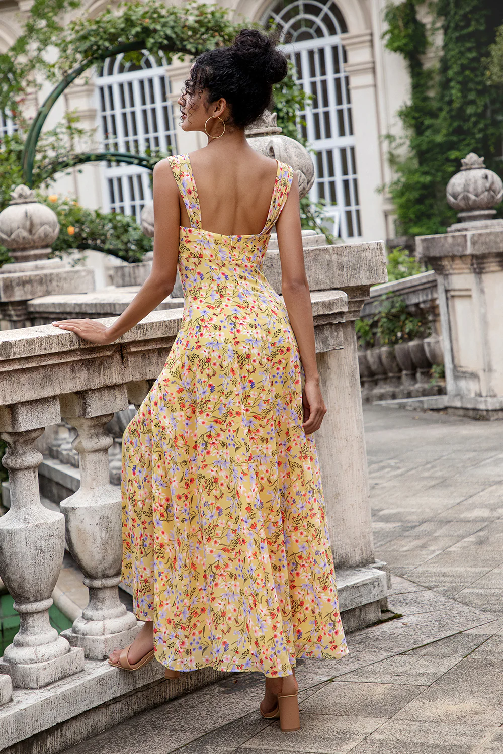 Yellow Flower A Line Print Hollow Out Corset Wedding Guest Dress with Slit - Image 5
