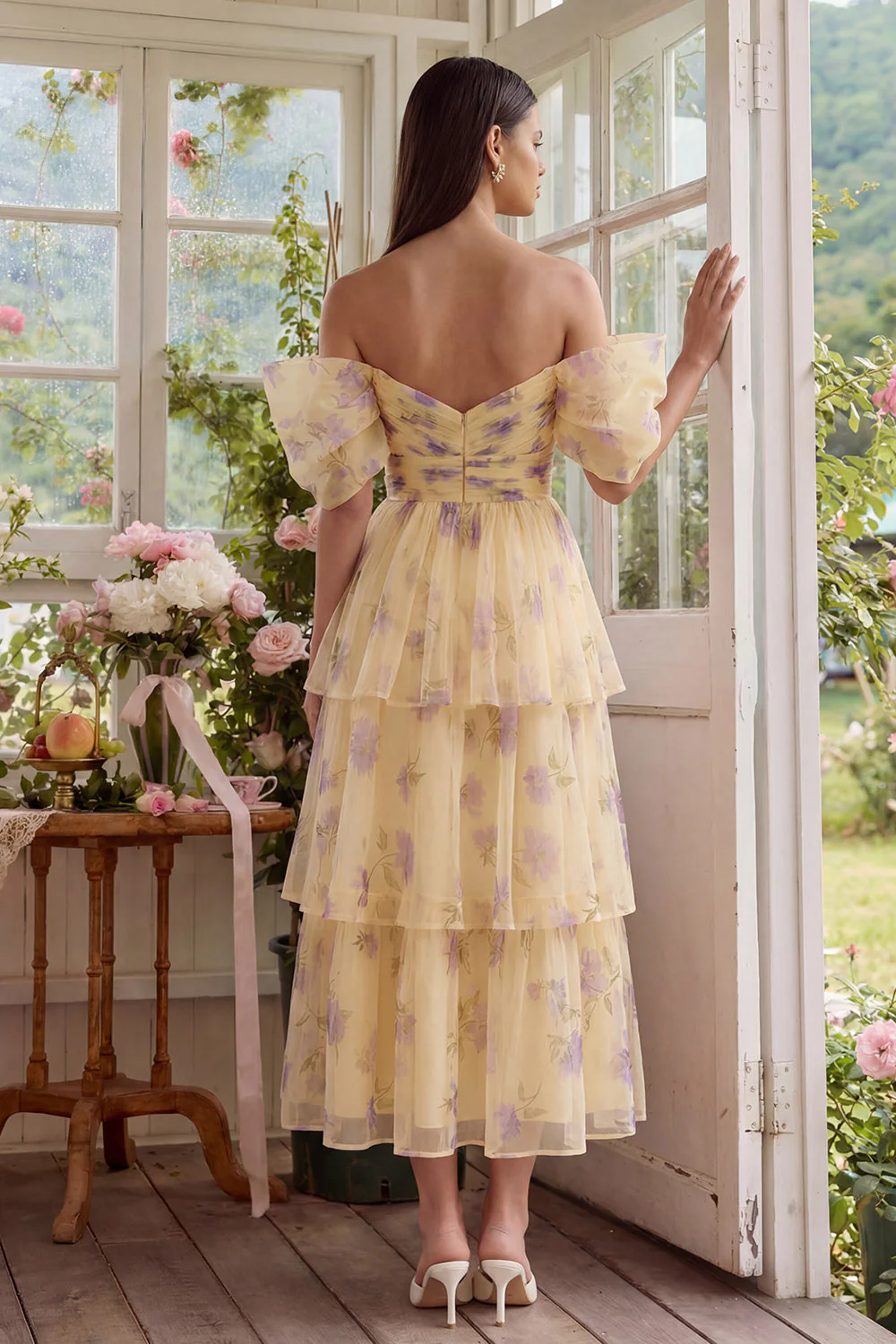 Yellow Flower A-Line Tulle Tiered Off the Shoulder Midi Dress - Image 2