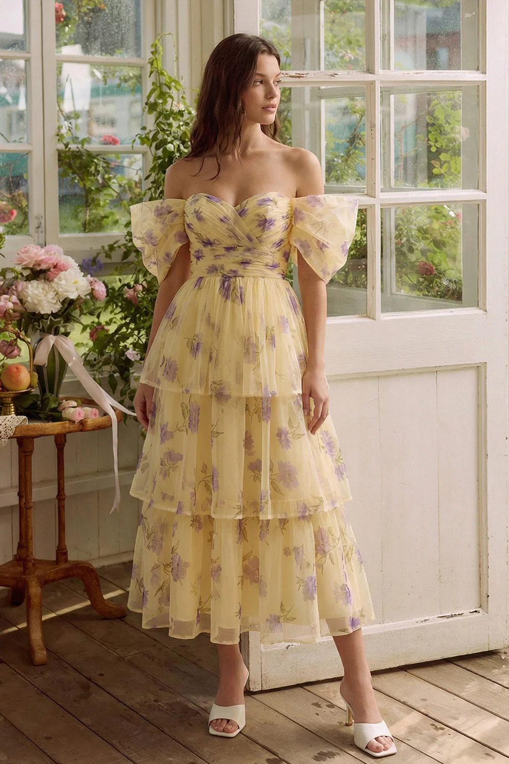 Yellow Flower A-Line Tulle Tiered Off the Shoulder Midi Dress - Image 3