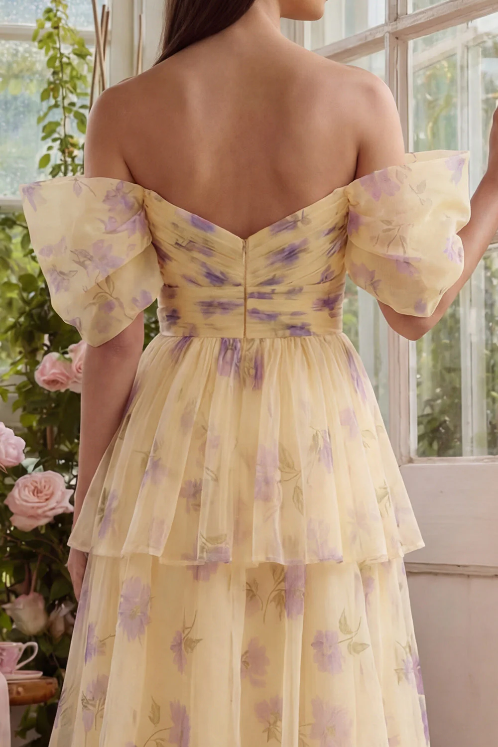Yellow Flower A-Line Tulle Tiered Off the Shoulder Midi Dress - Image 5