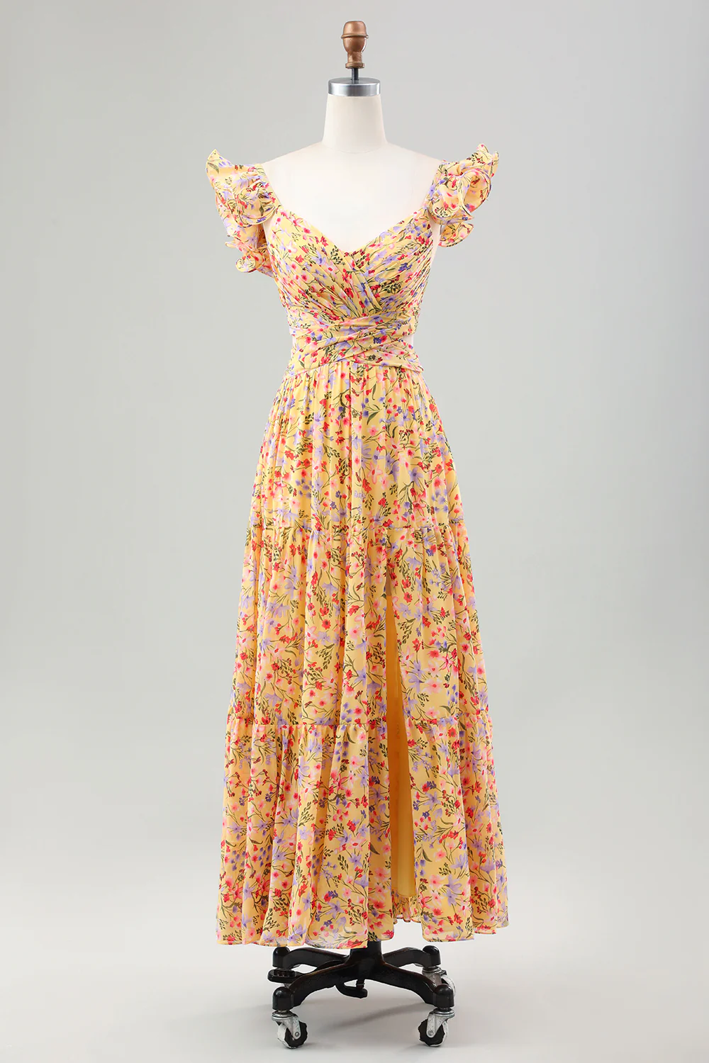 Yellow Flower A Line V Neck Print Pleated Wedding Party Guest Dress with Slit - Image 3