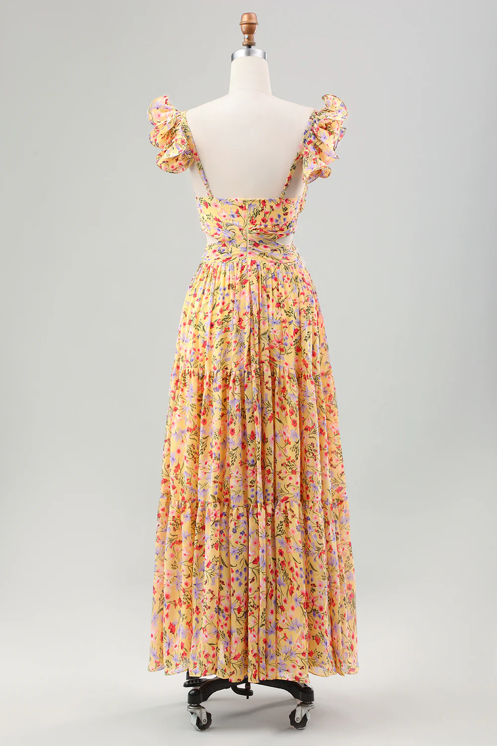 Yellow Flower A Line V Neck Print Pleated Wedding Party Guest Dress with Slit - Image 4