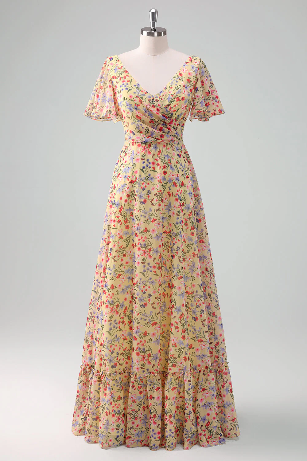 Yellow Flower Printed A-Line V-neck Short Sleeves Long Prom Dress - Image 3